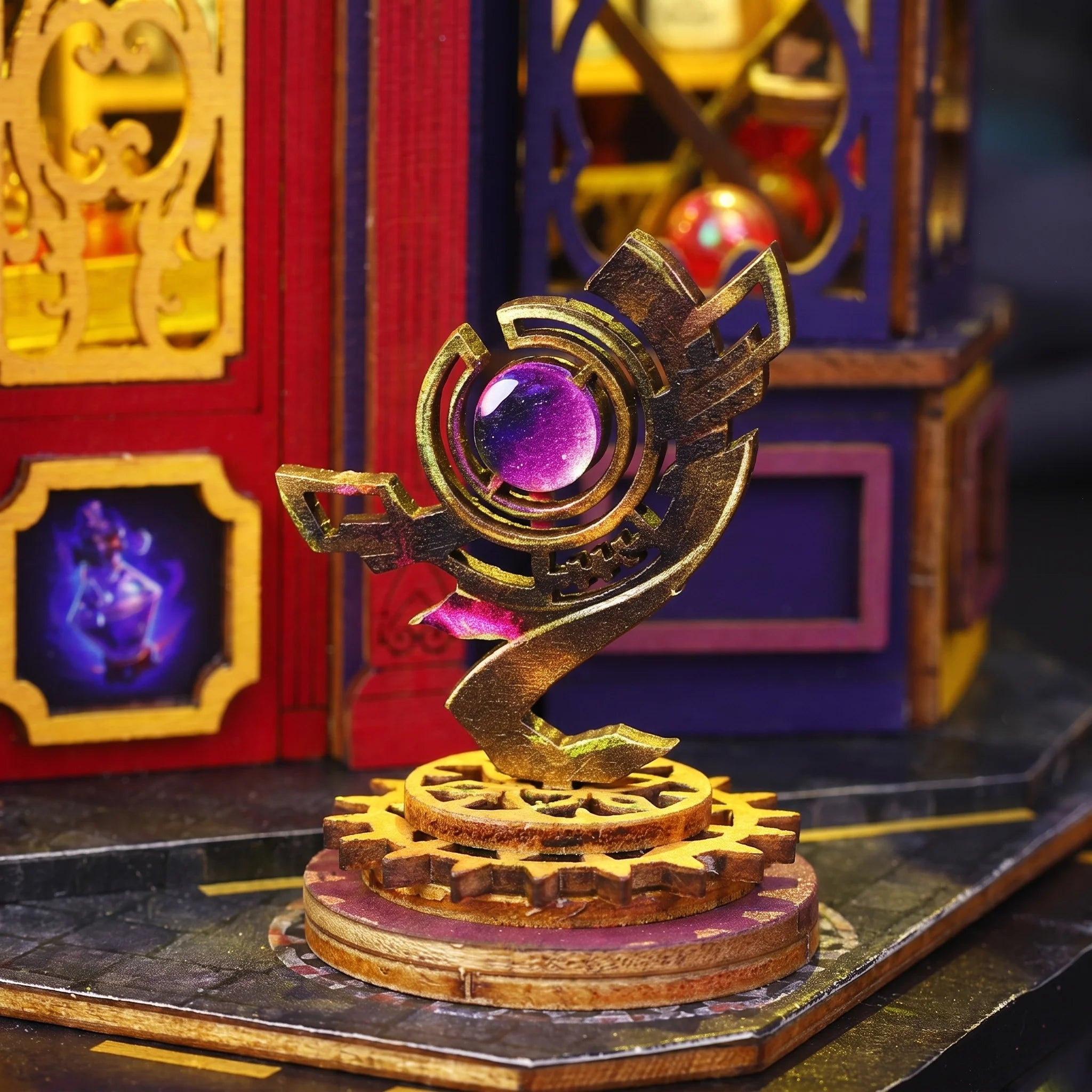 Close up of the brass gear orb lamp beside the entrance of The Elixir Station