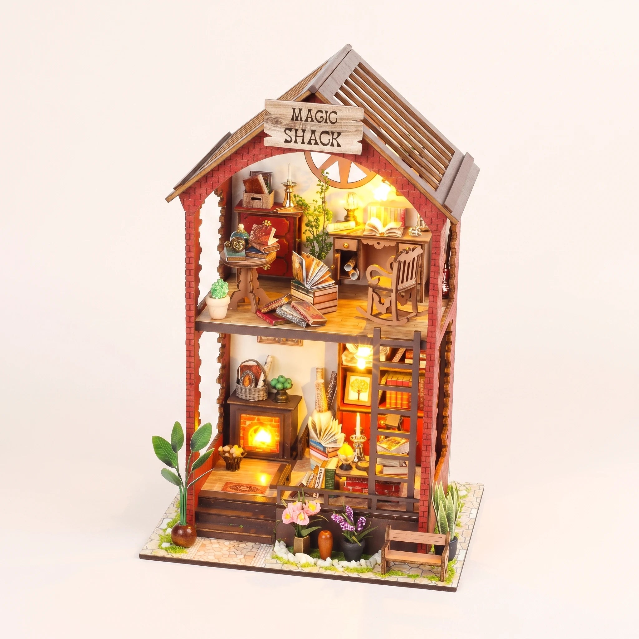 The Ember Loft DIY miniature red brick reading house kit with LED lights and glowing fireplace, pale blush studio hero