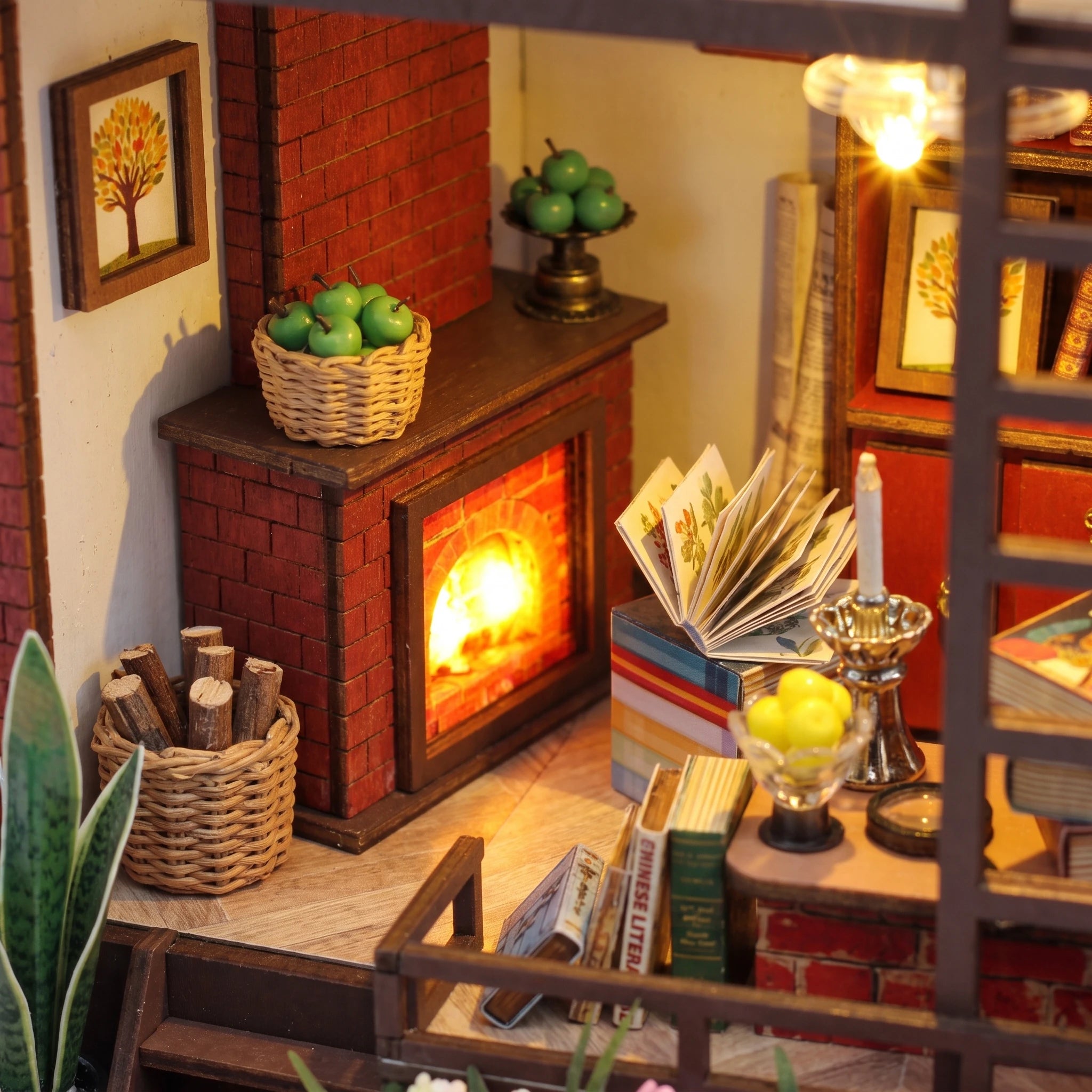 Macro of The Ember Loft fireside reading corner with glowing hearth