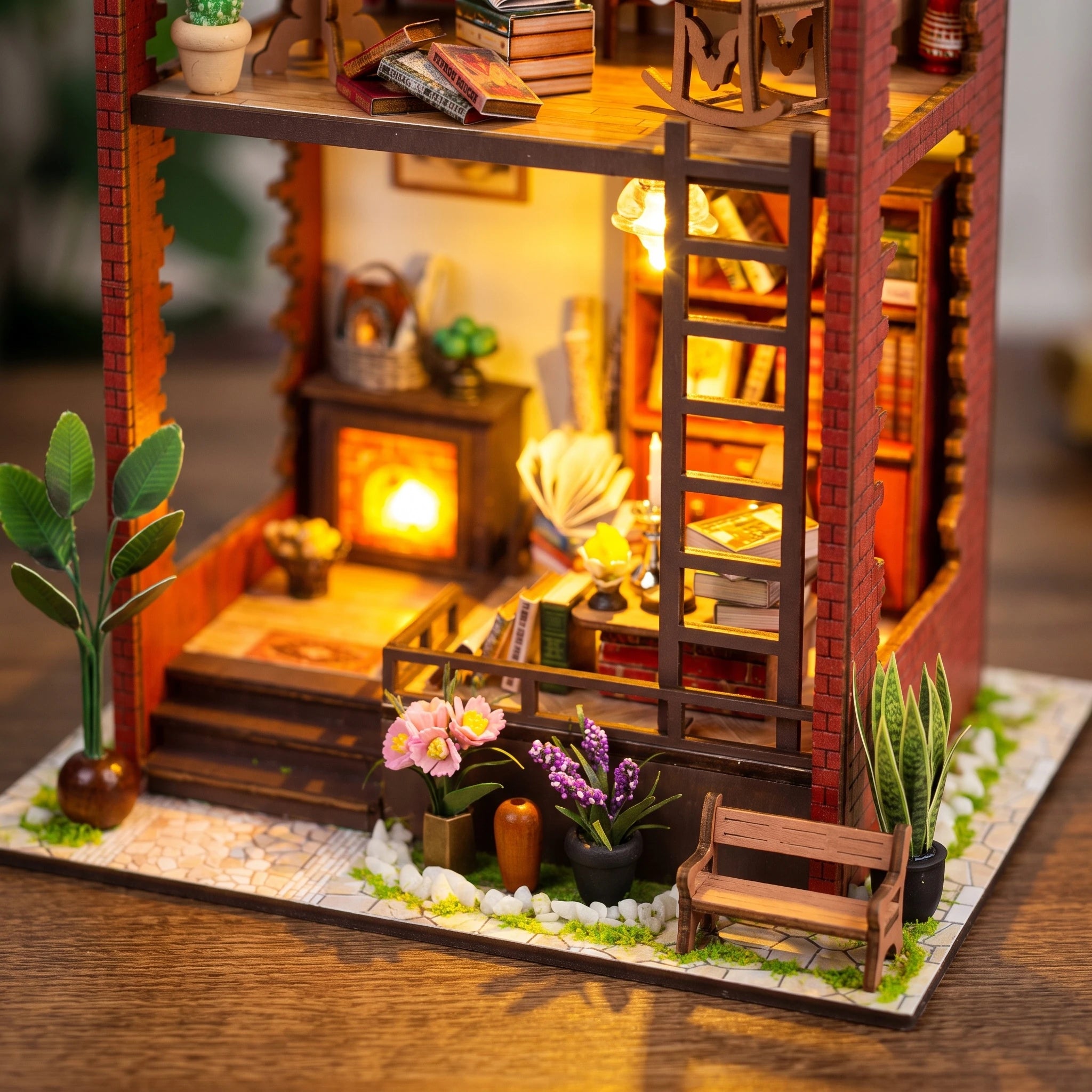 Macro of The Ember Loft front garden with bench, orchid and lavender