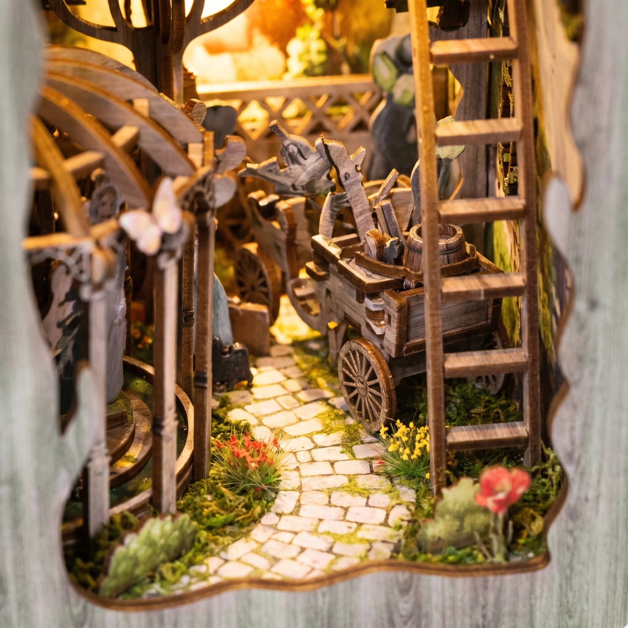 Detail of the winding path and wooden cart inside The Emerald Road