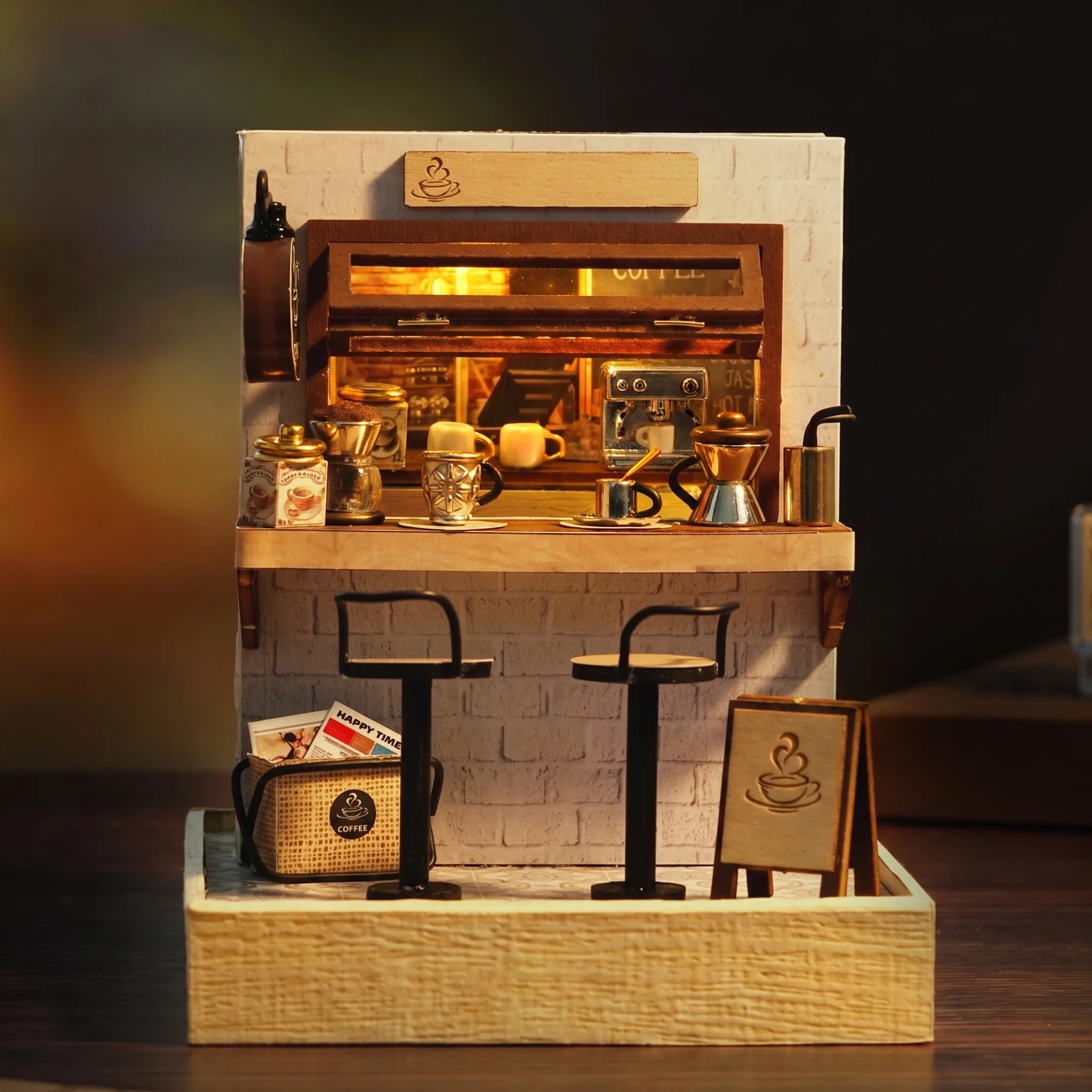 The Espresso Bar lit interior on a dark warm backdrop