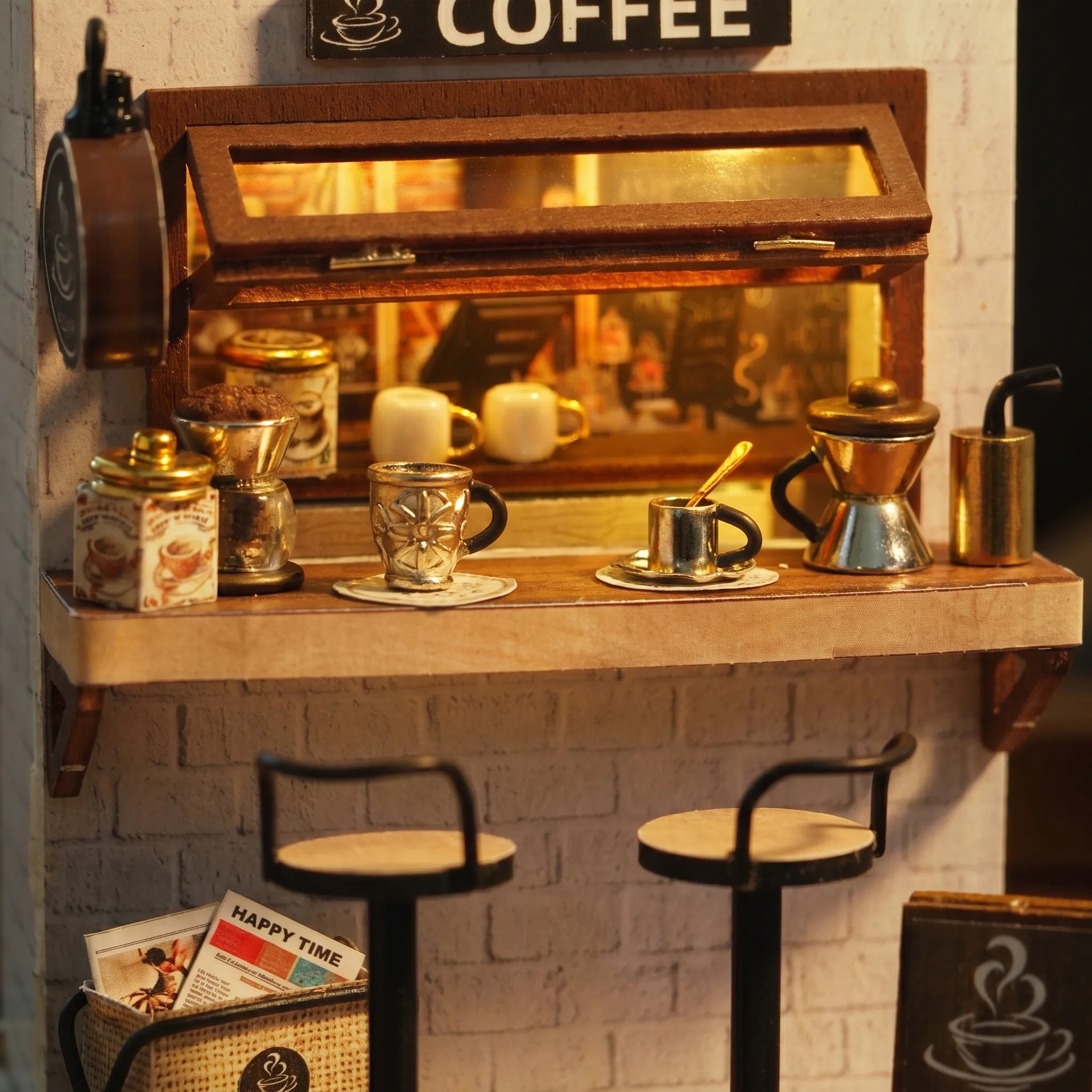 Close-up of the lit espresso bar counter with espresso machine and pour-over set