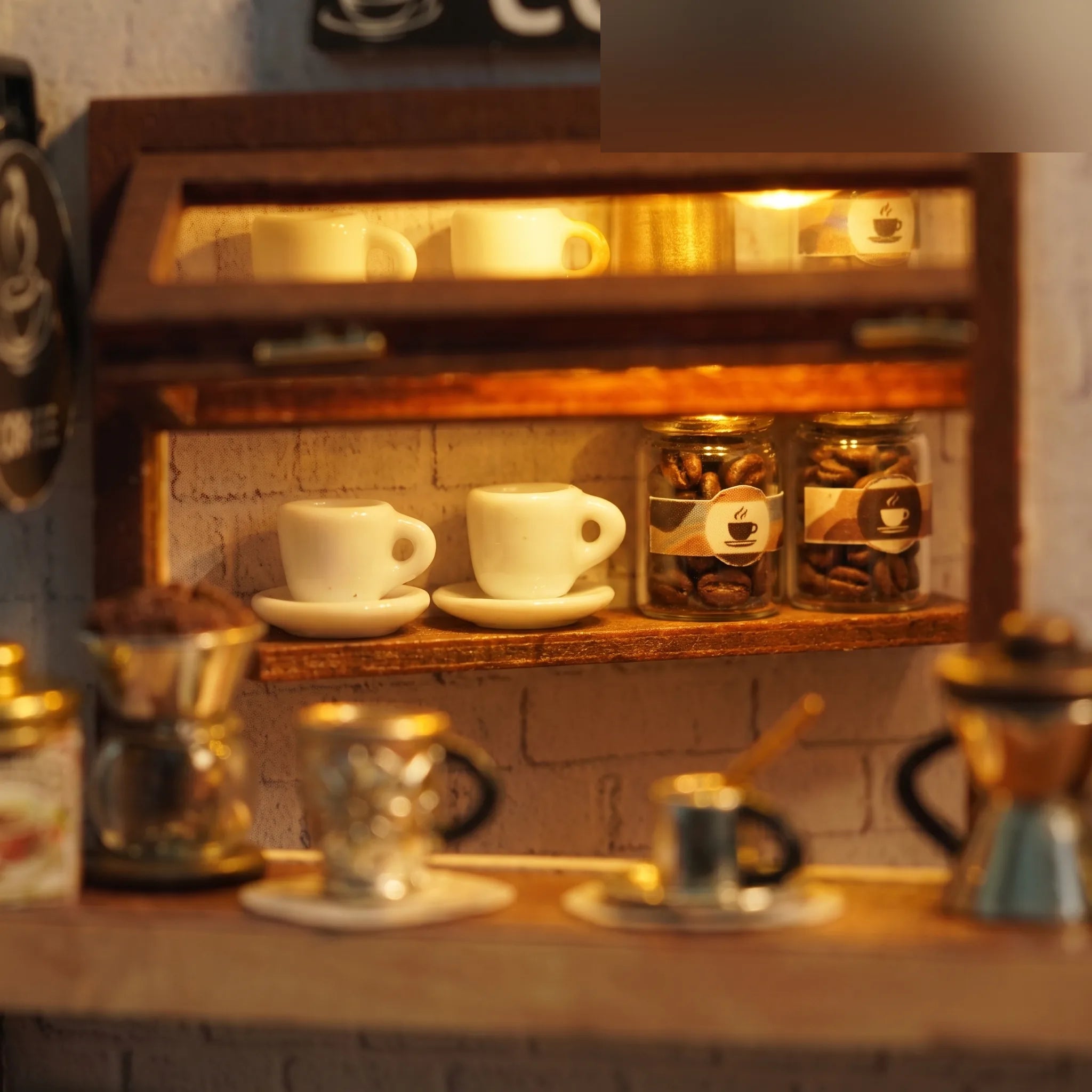 Close-up of the shelves of tiny cups and coffee-bean jars