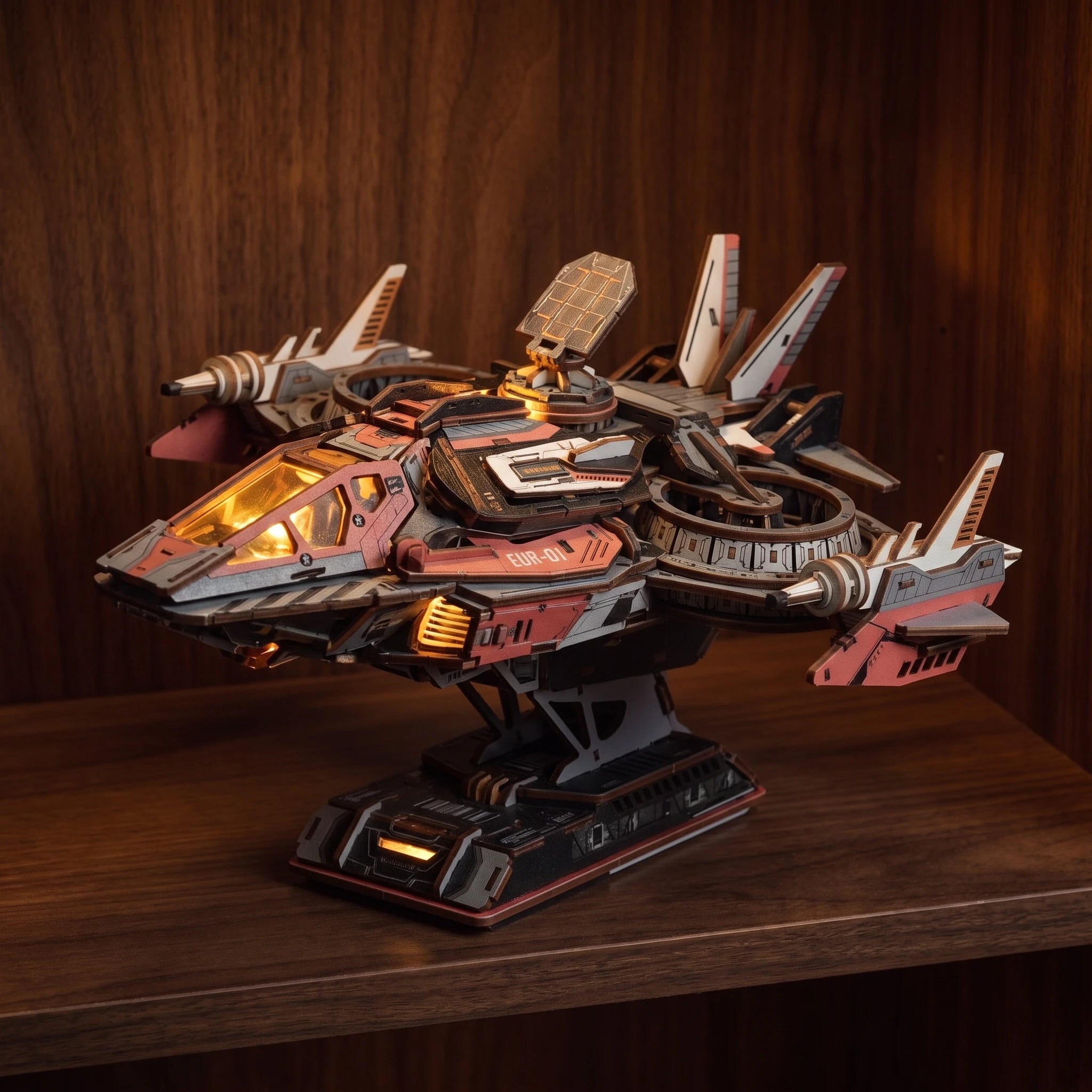 The Explorer One glowing at night on a dark walnut shelf