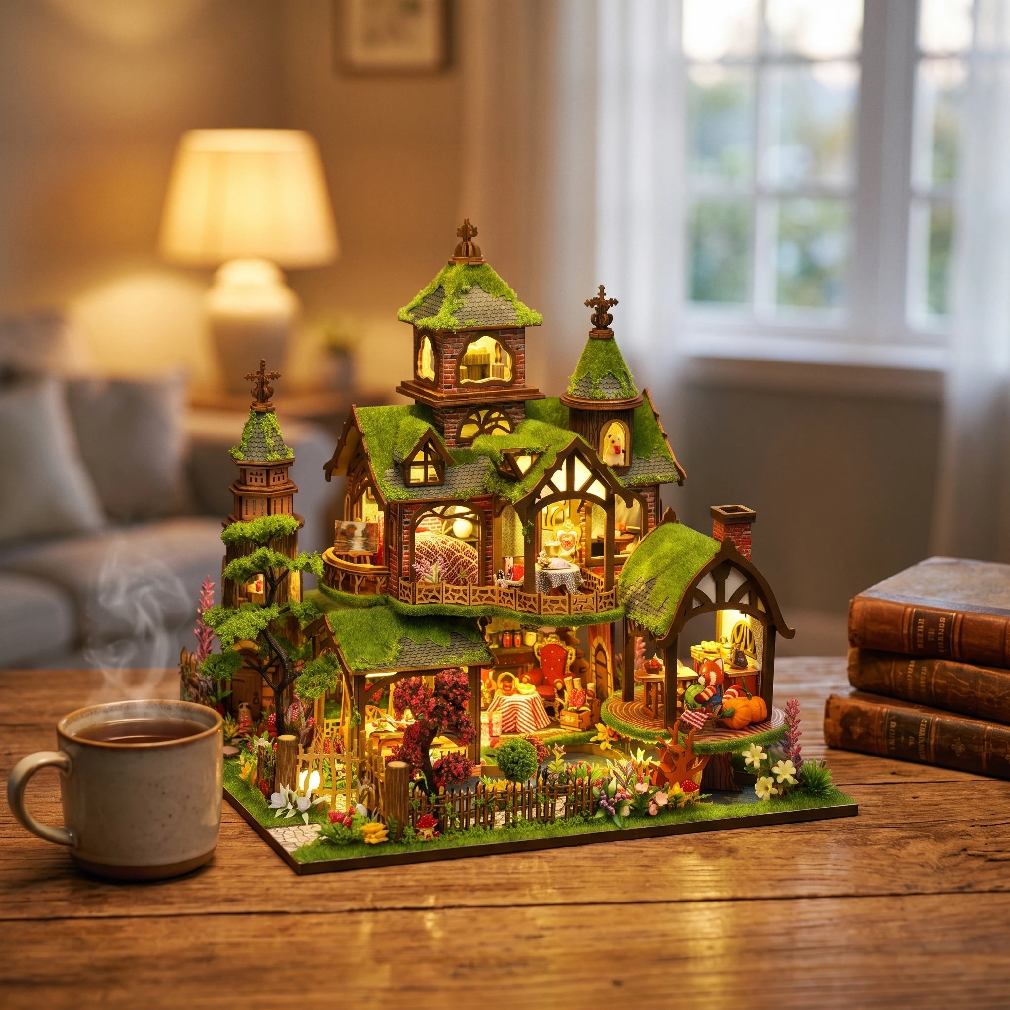 The Foxglove Manor lit on a desk at dusk beside tea and books