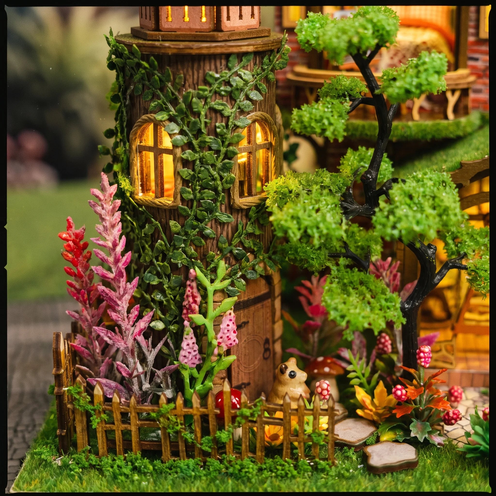 Vine tower and flower garden detail of The Foxglove Manor