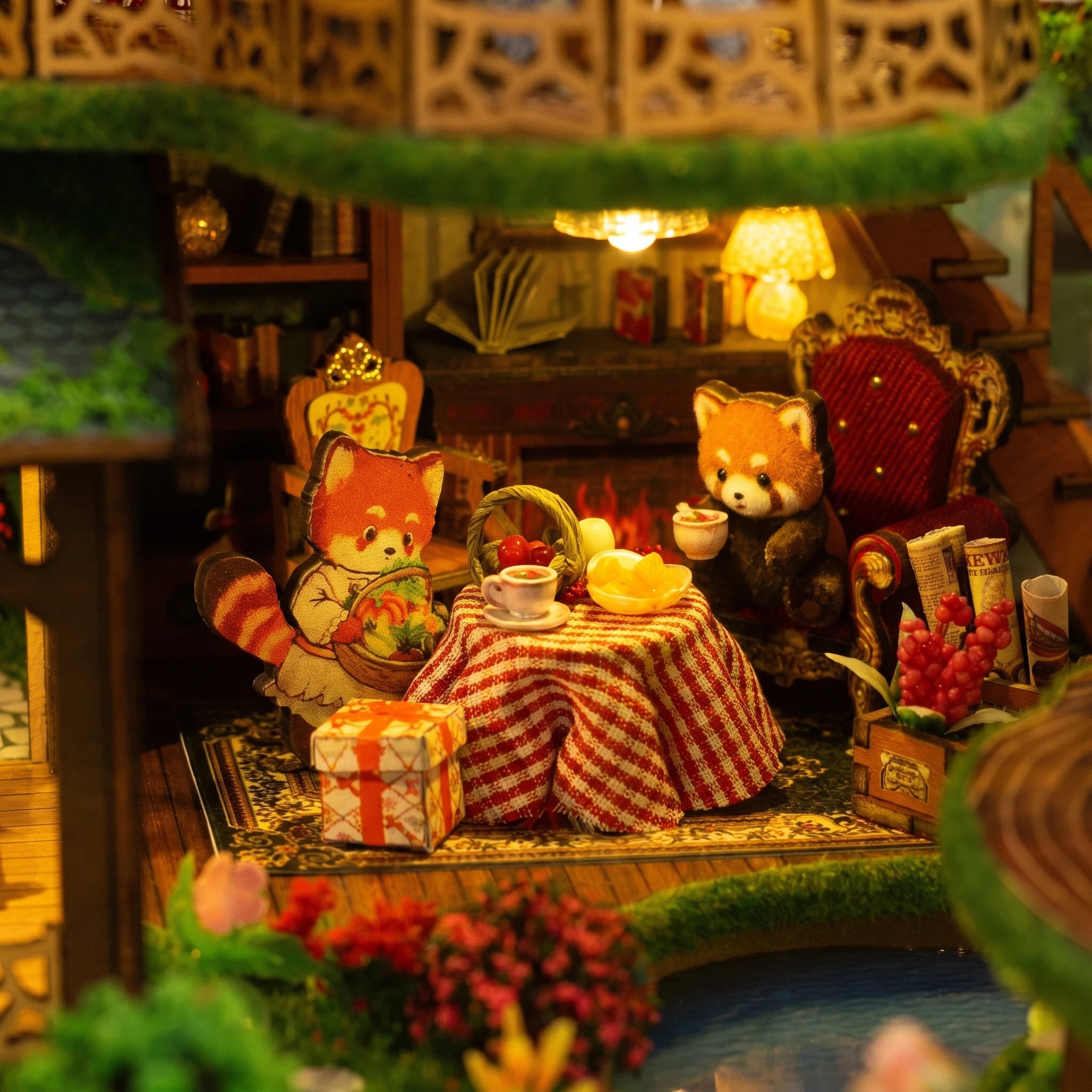 Red panda figures at the checked tea table inside The Foxglove Manor