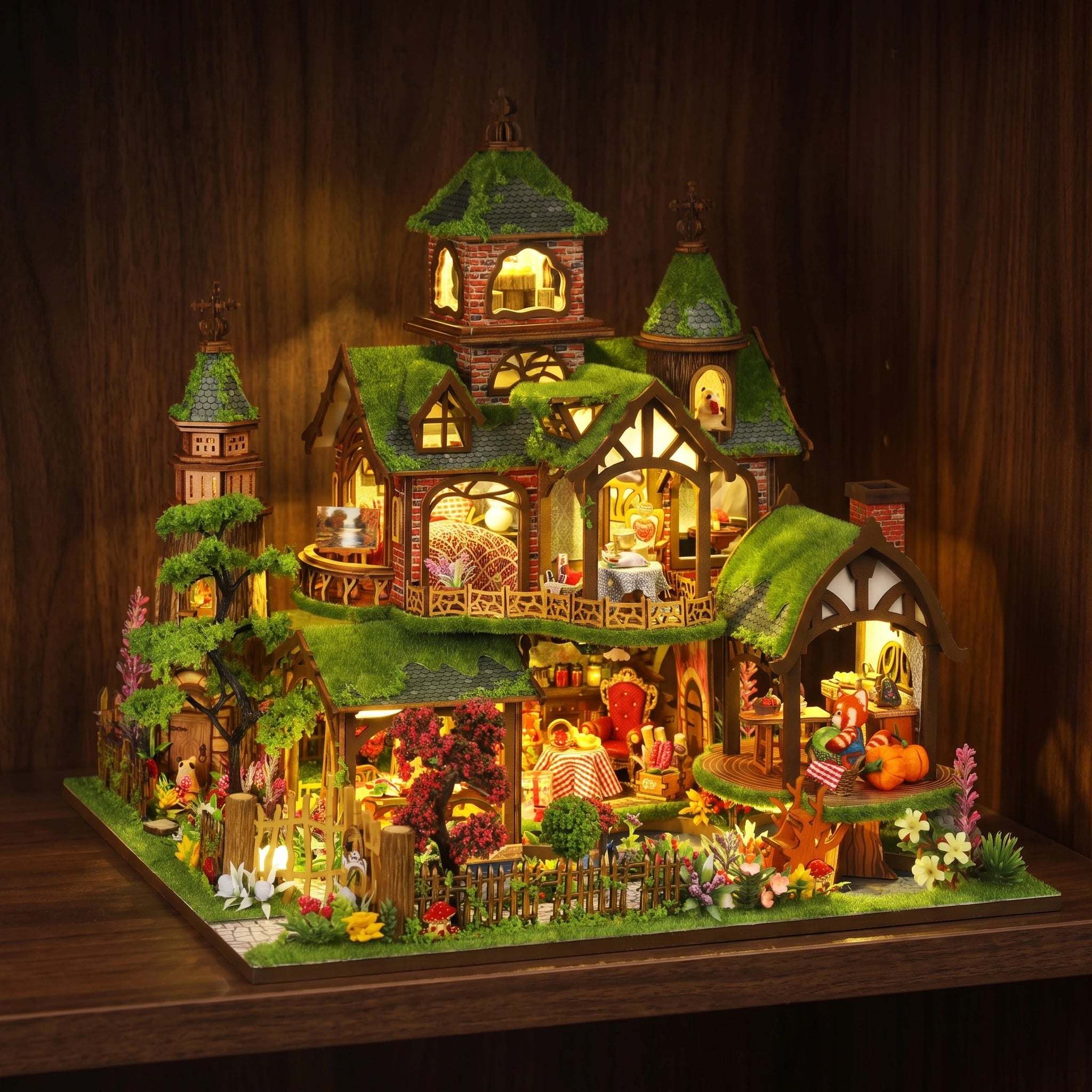 The Foxglove Manor glowing on a walnut shelf at night