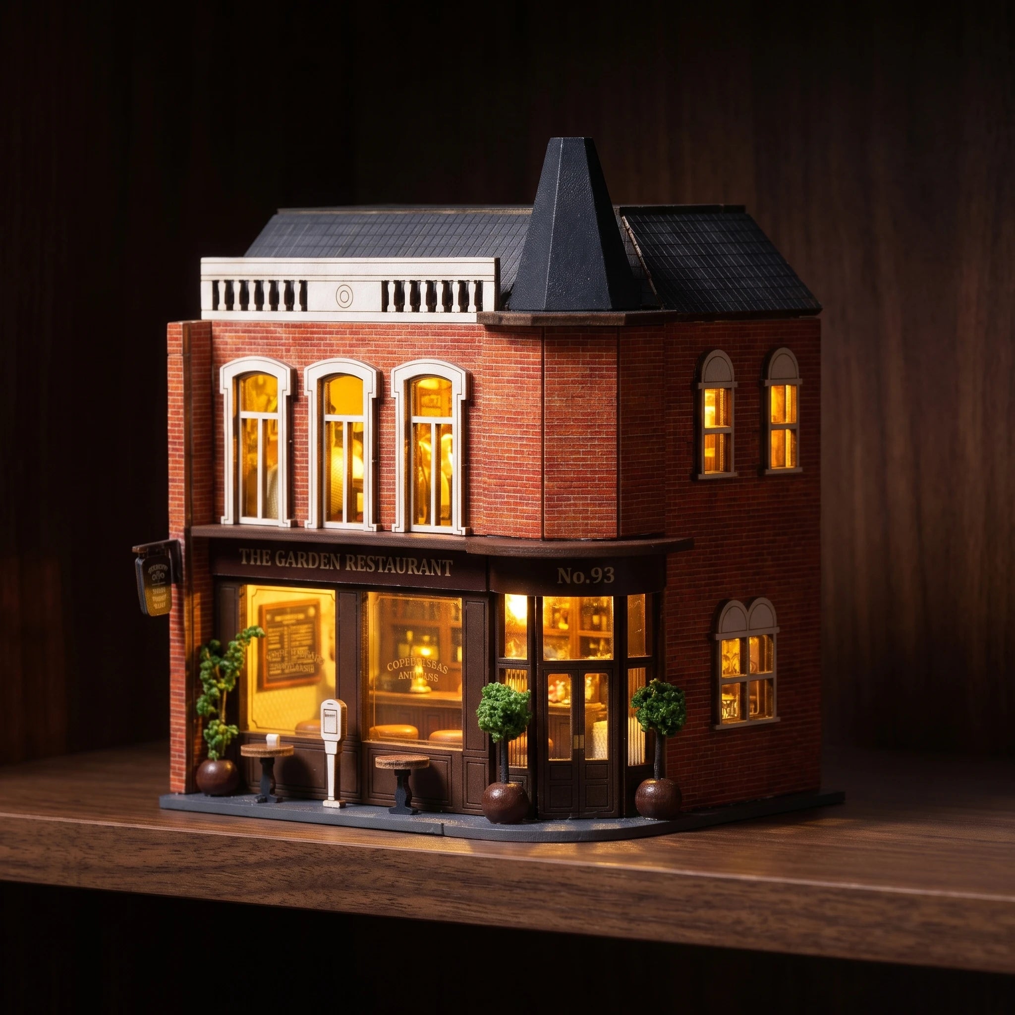 The Gaslight Restaurant glowing on a walnut shelf at night