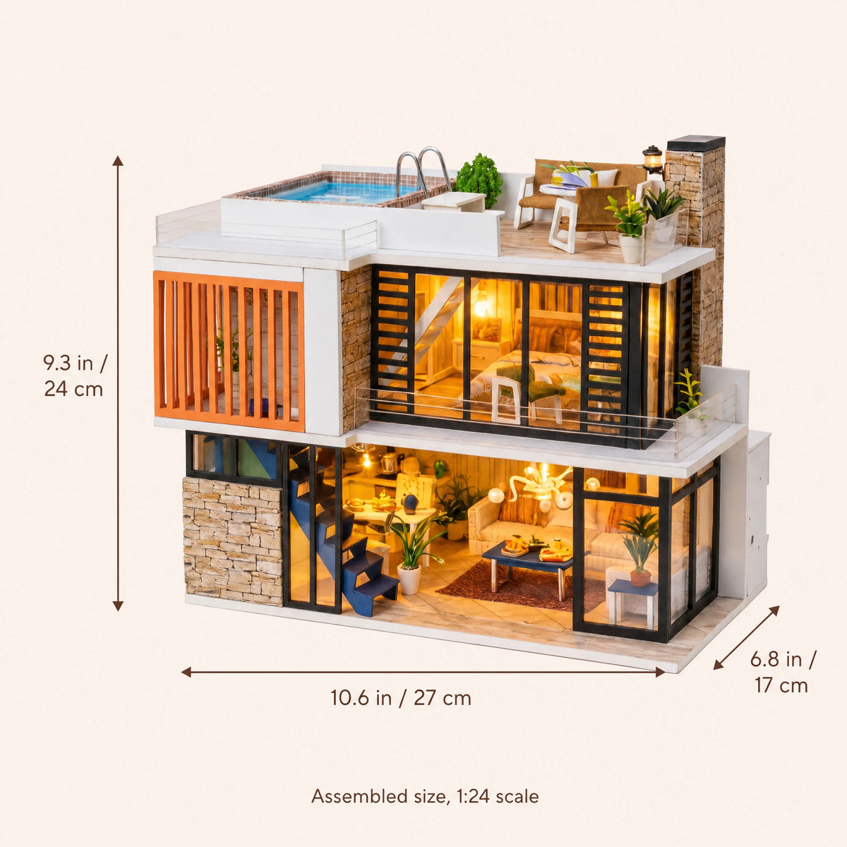 The Glass Villa assembled size: 9.3 x 10.6 x 6.8 inches (24 x 27 x 17 cm)