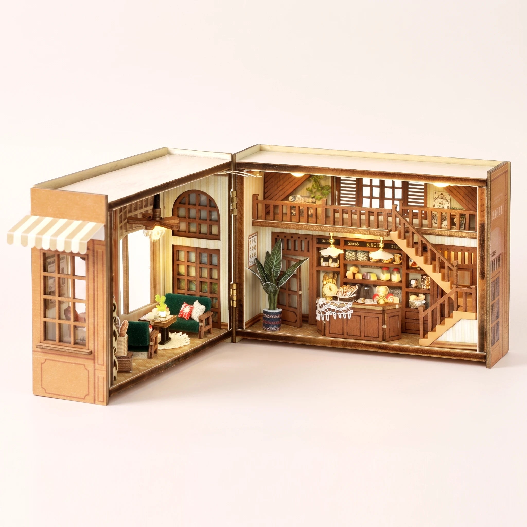 The Golden Crust DIY miniature bakery kit, assembled with LED lights on