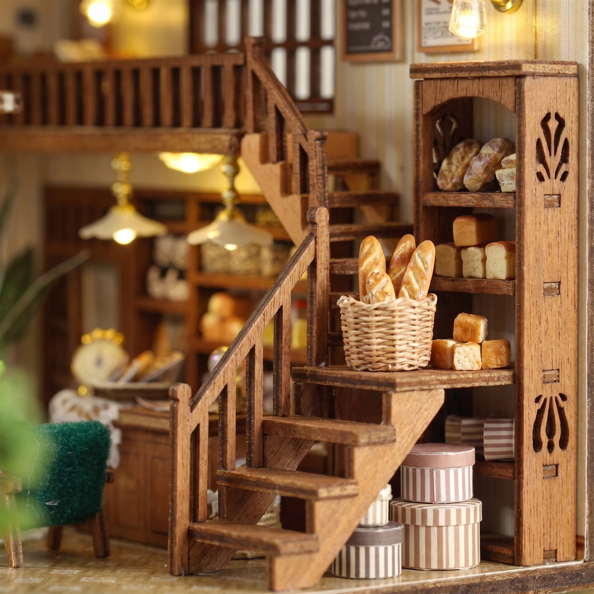 Staircase detail: baguette basket and hat boxes by the loft stairs
