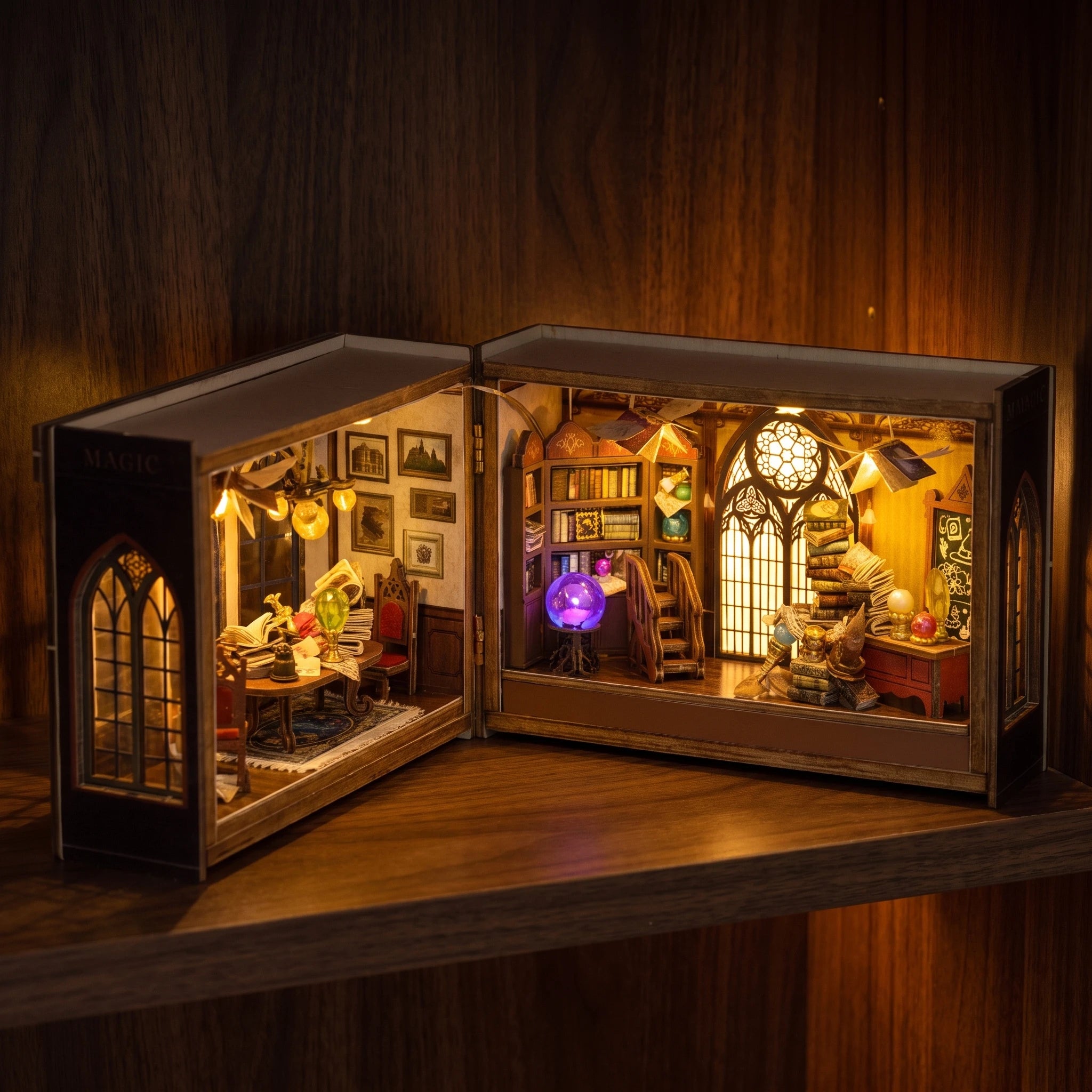 The Grimoire School glowing on a walnut shelf at night