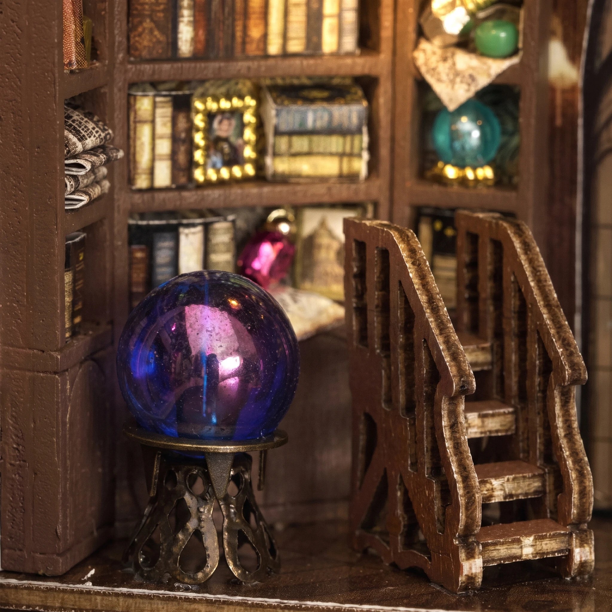 Crystal ball detail: purple orb by the staircase and bookshelf