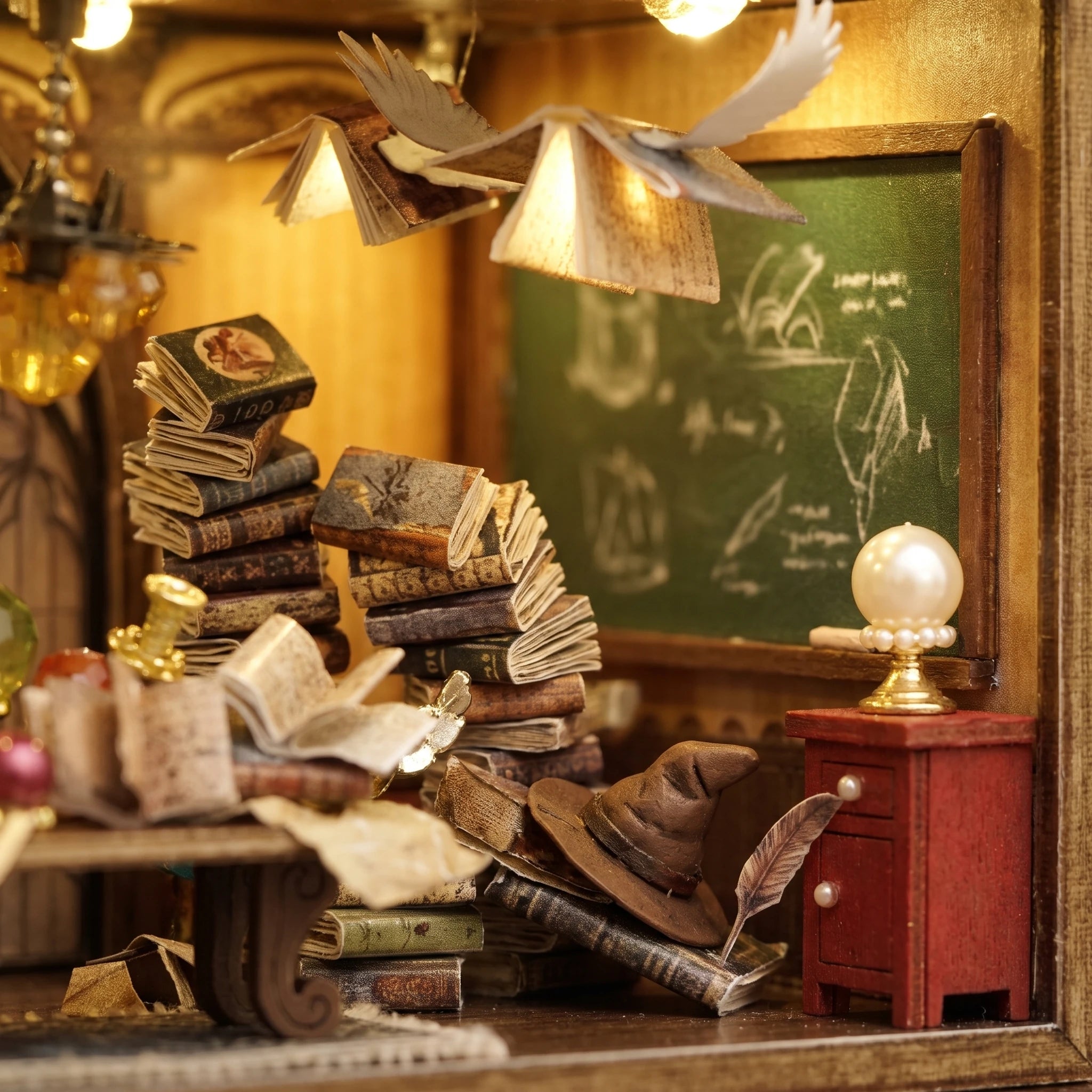 Chalkboard corner detail: leaning book stack, hat and quill
