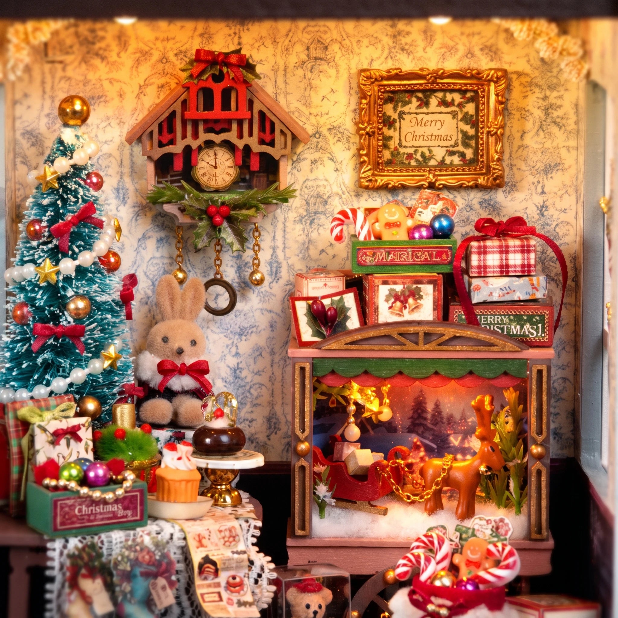 Parlour detail: tree, rabbit, cuckoo clock and treat dresser