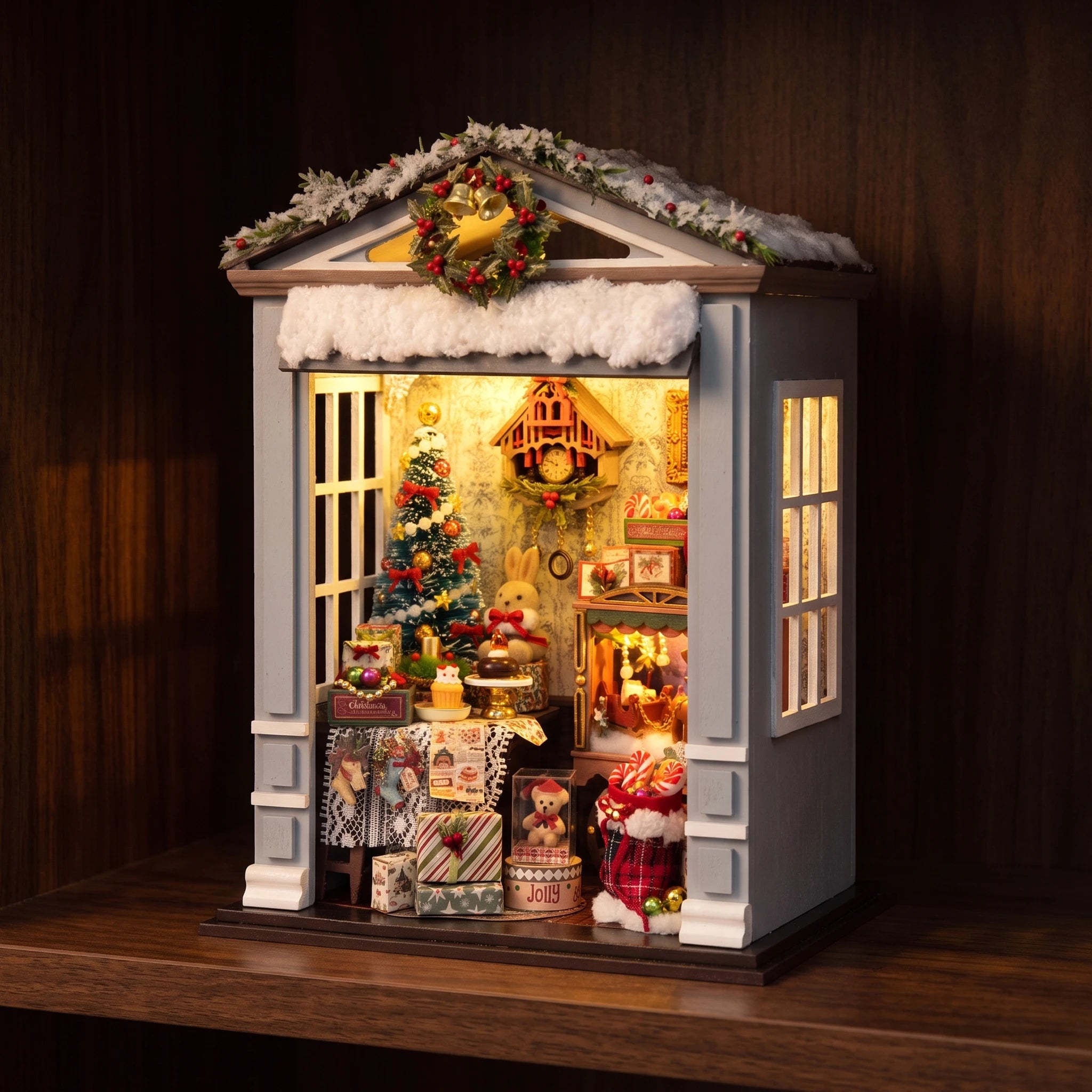 The Holly Porch glowing on a walnut shelf at night