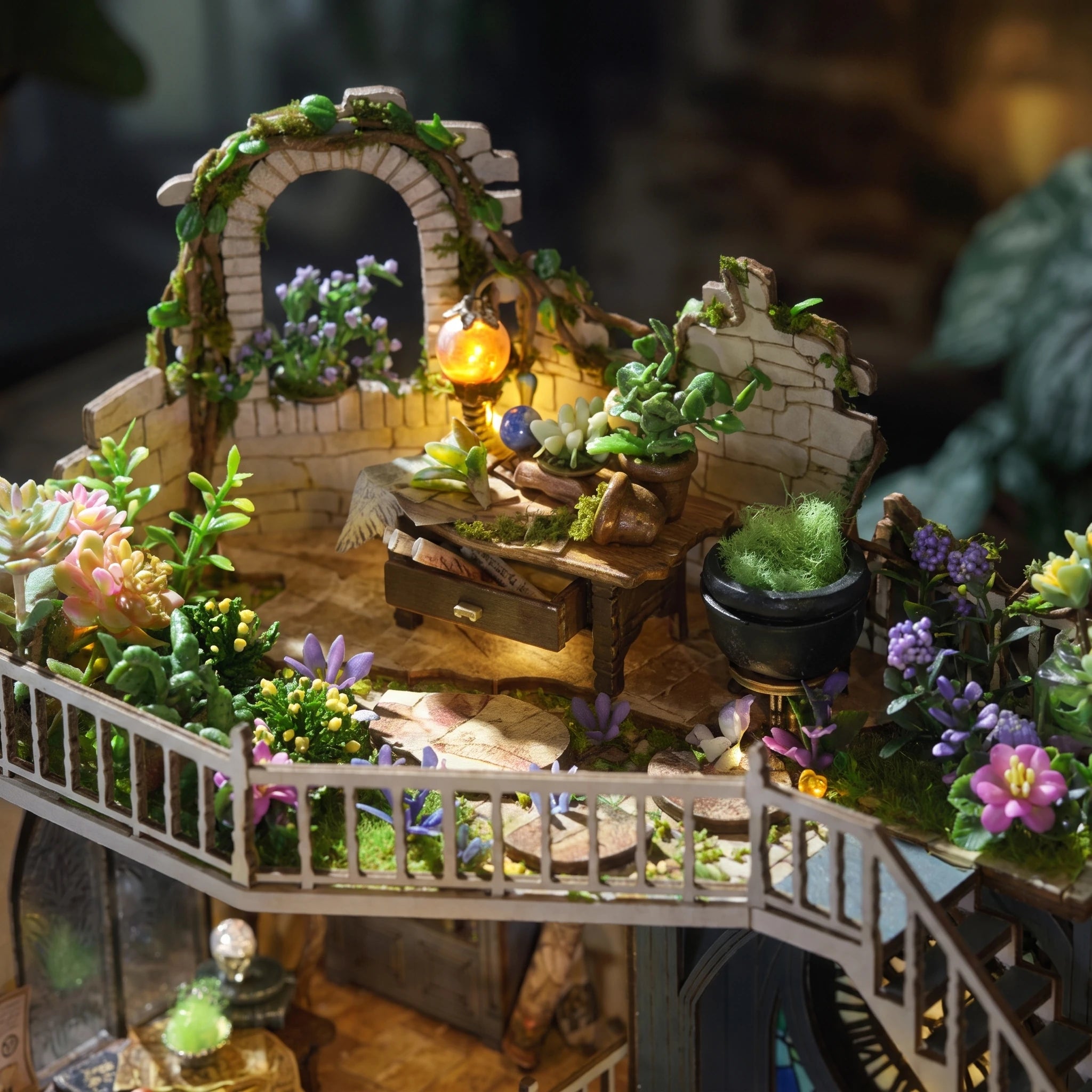 Rooftop garden detail: flowers under the broken stone arch