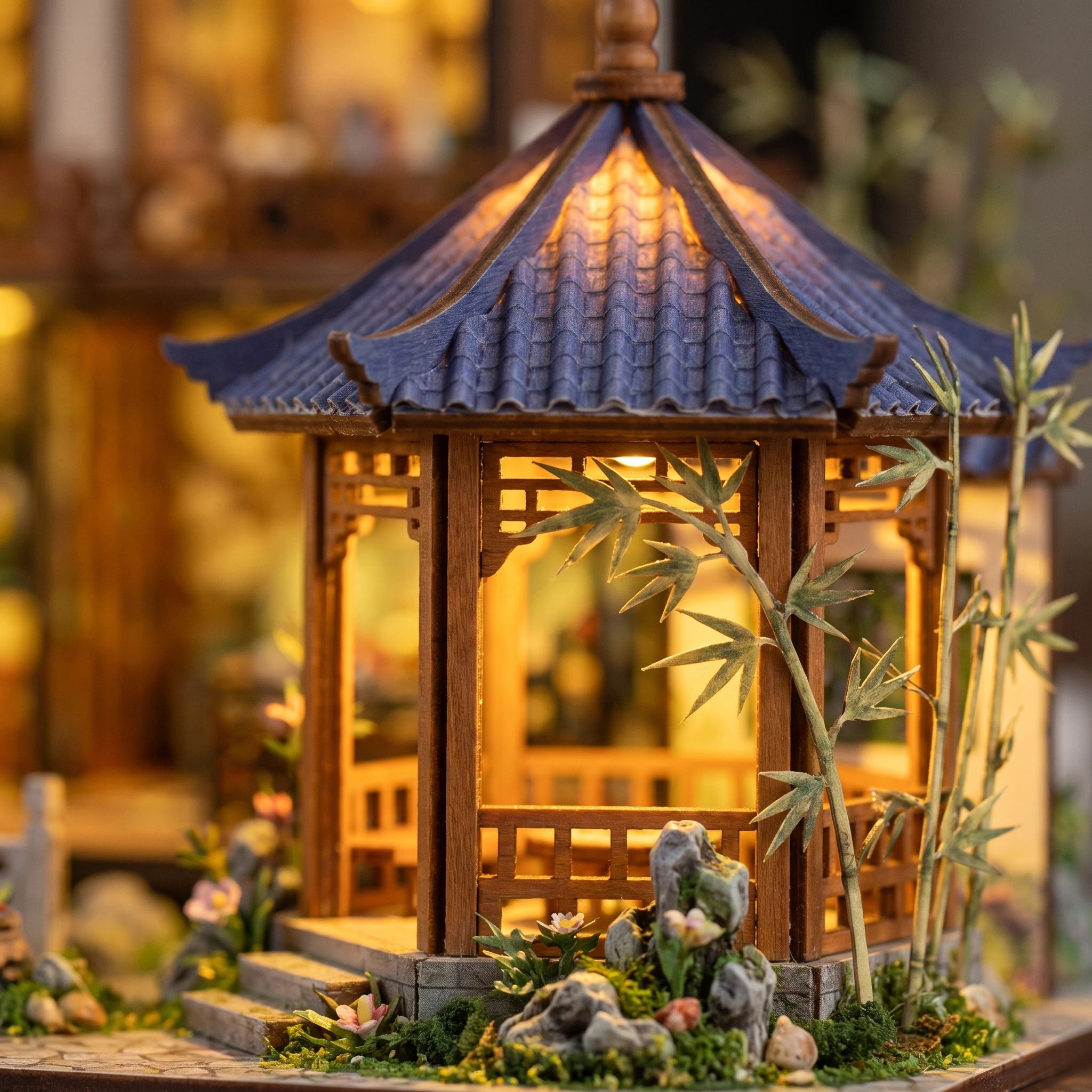 Macro of the glowing hexagonal garden gazebo