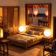 Macro of the lamplit bedroom with red lanterns outside the window