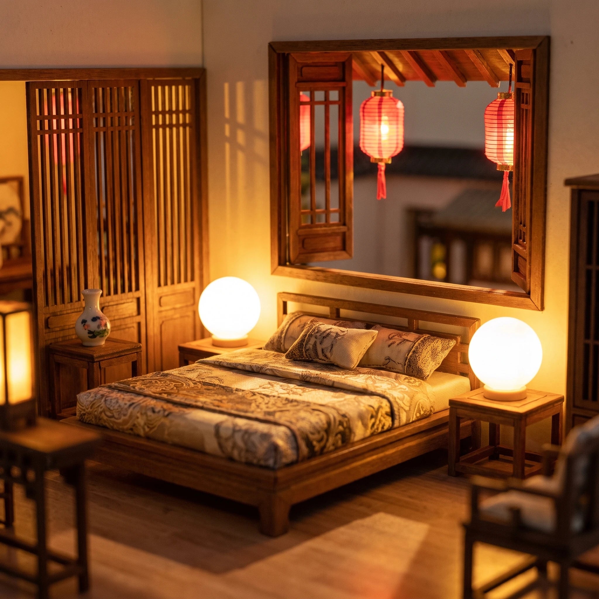 Macro of the lamplit bedroom with red lanterns outside the window