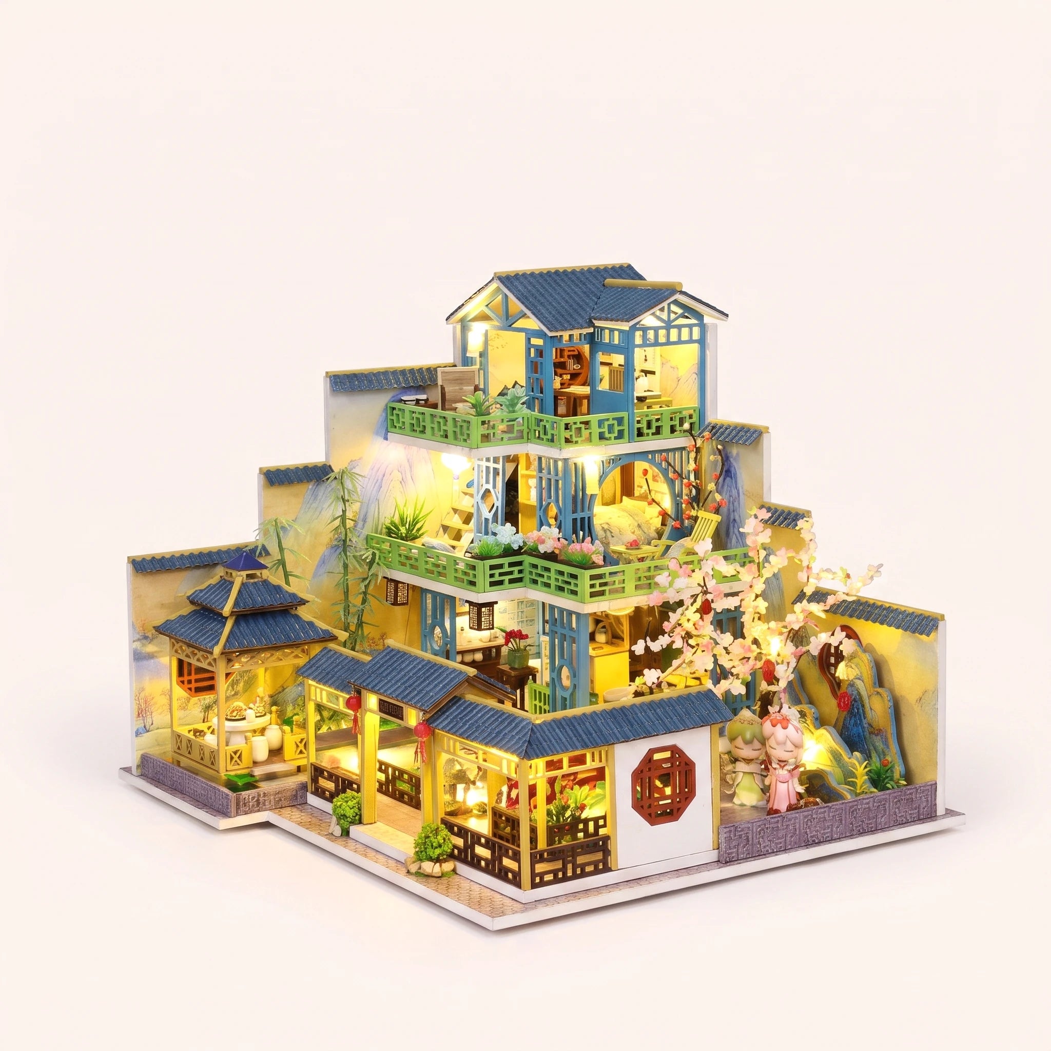 The Jade Terrace DIY miniature kit fully built with LED lights on