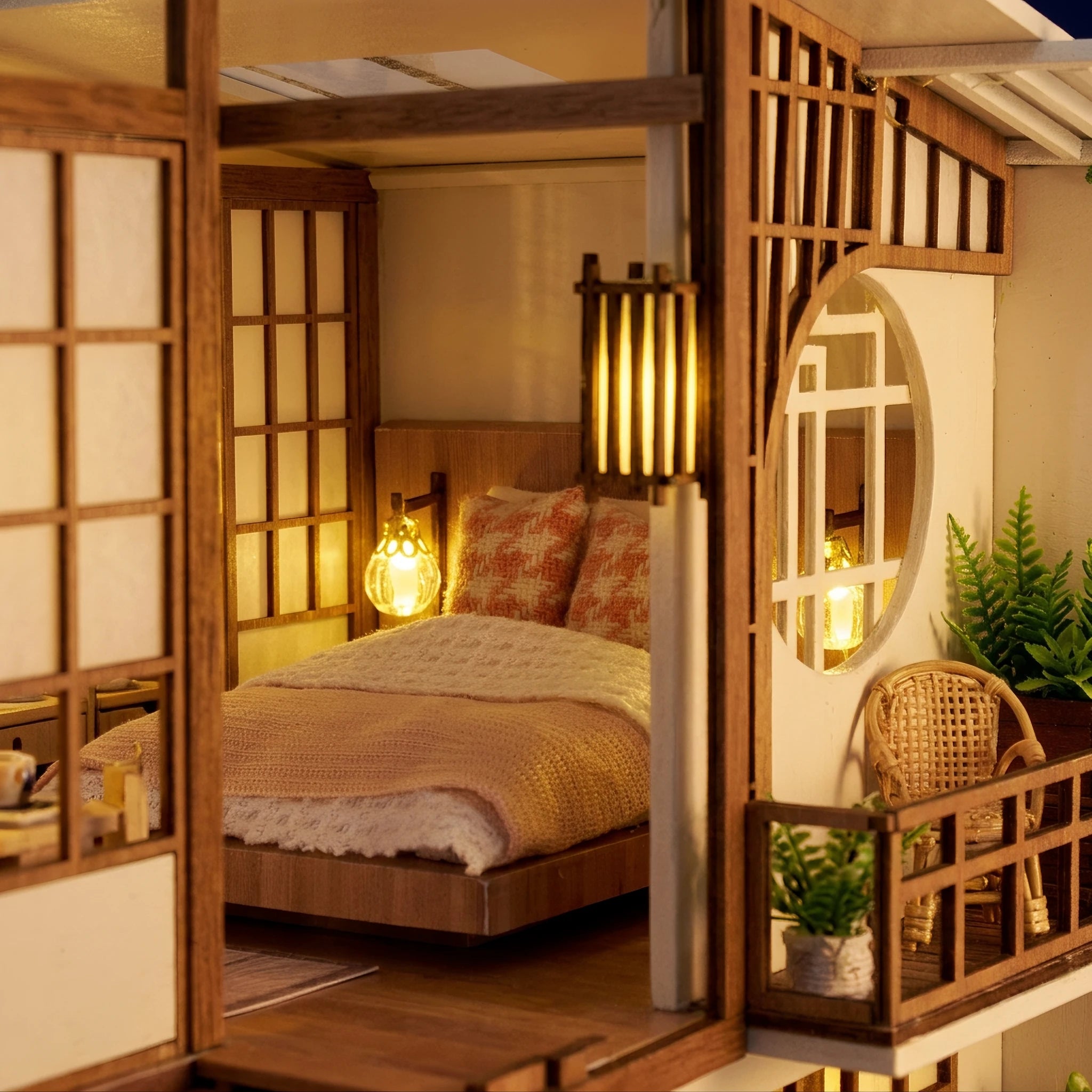 Macro of the lantern-lit bedroom and moon window