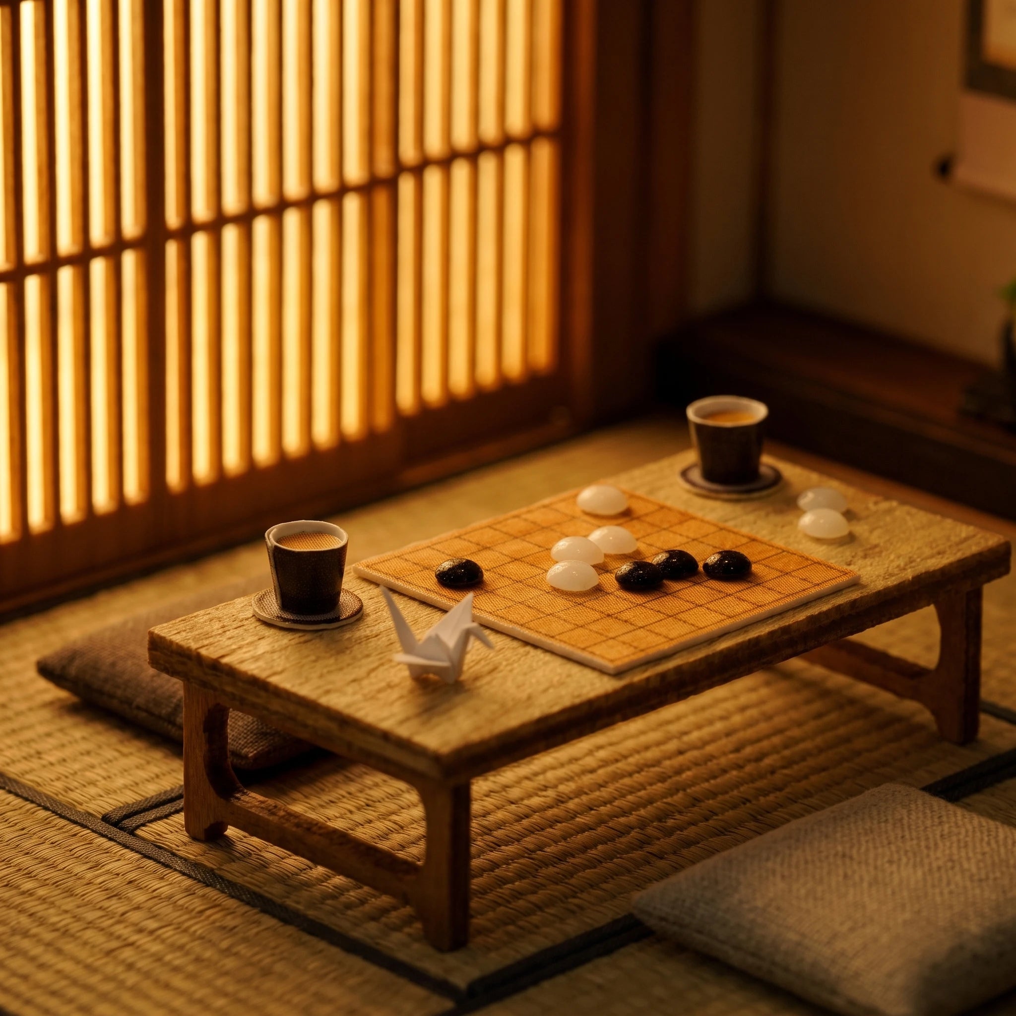 Macro of the tatami tea table with its go board mid-game