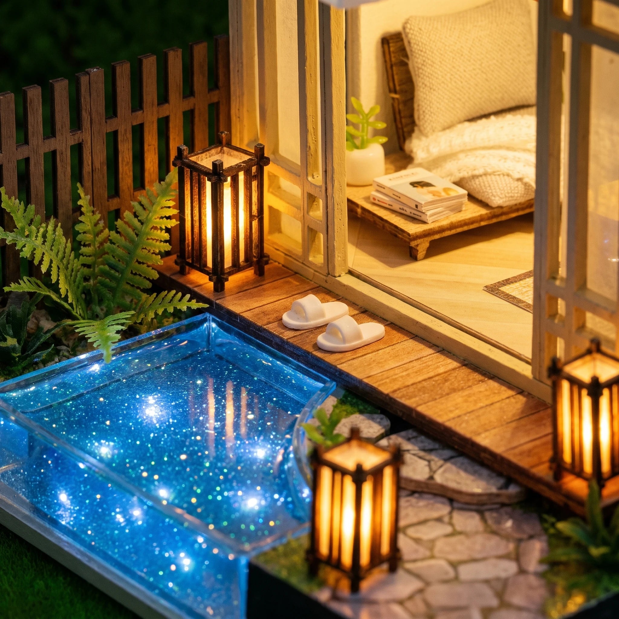 Macro of the glowing garden pond, slippers and stone path