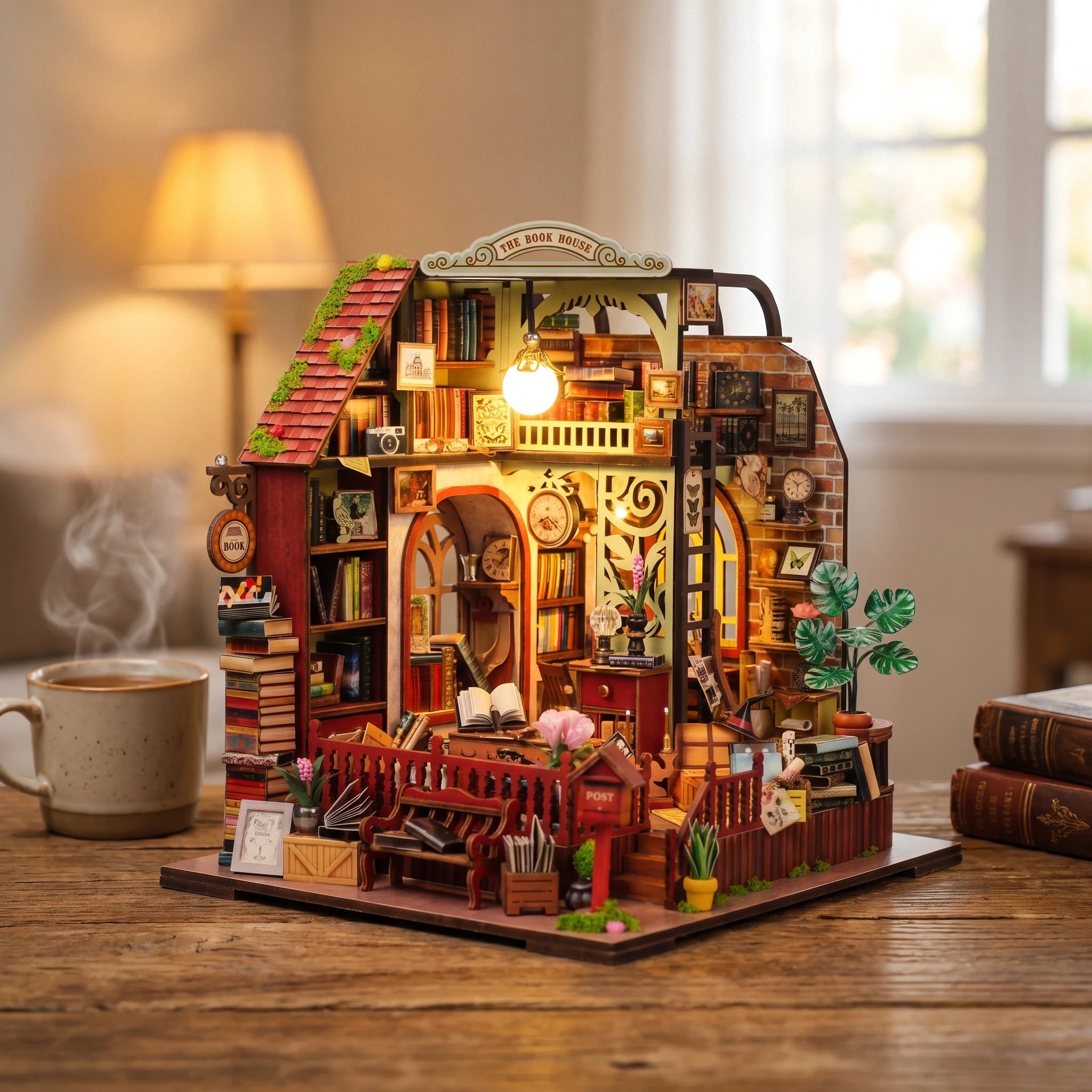 The Lamplight Library on a desk at dusk beside a mug of tea