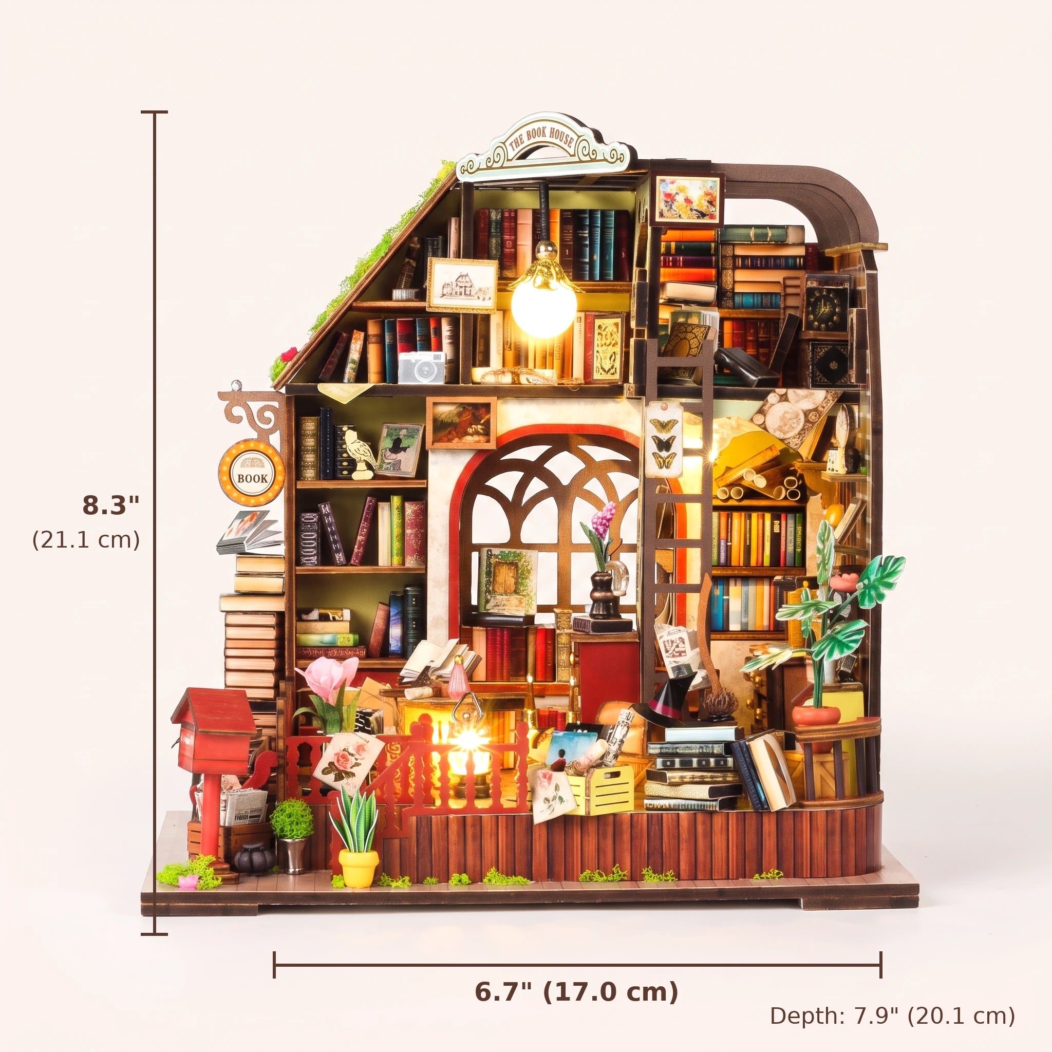 The Lamplight Library assembled size: 8.3 x 6.7 x 7.9 inches (21 x 17 x 20 cm)