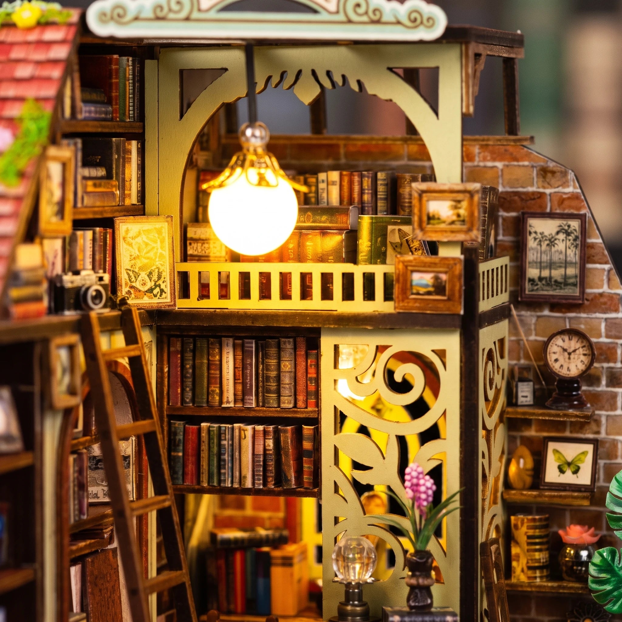 Book wall detail: globe lamp over shelves of tiny spines