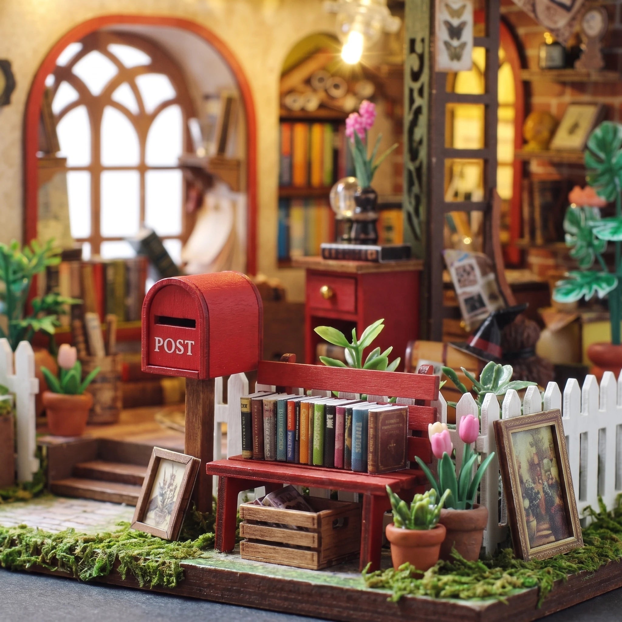 Garden detail: red mailbox, book bench and tulips at the fence