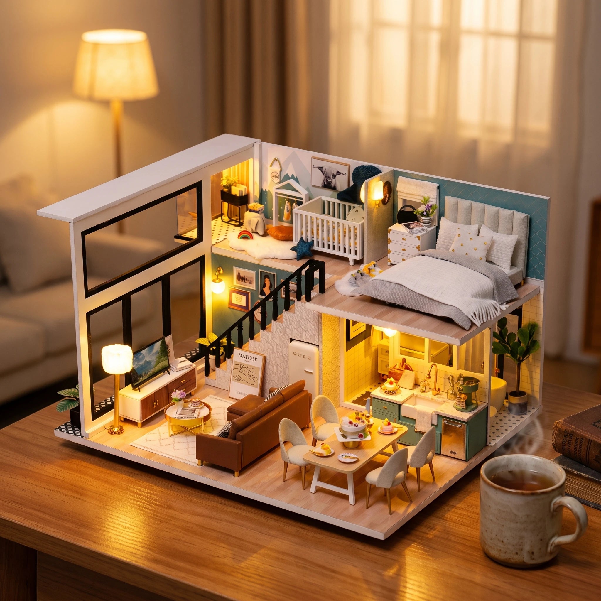 The Lullaby Loft on a desk at dusk beside a mug of tea