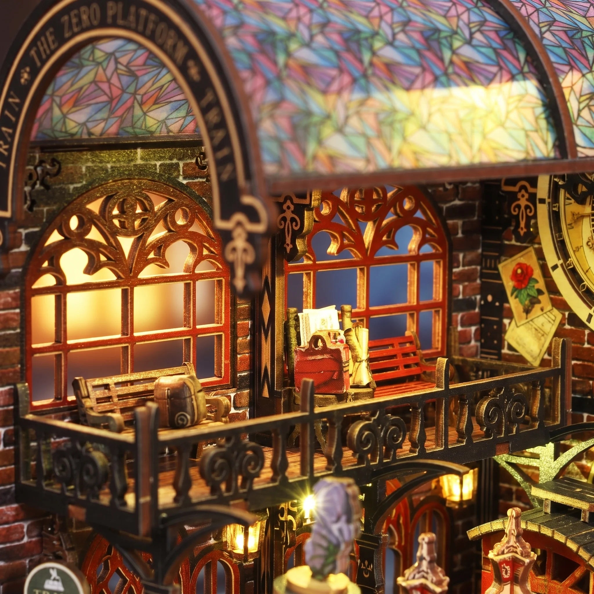 Close up of the upstairs waiting room in The Midnight Platform book nook