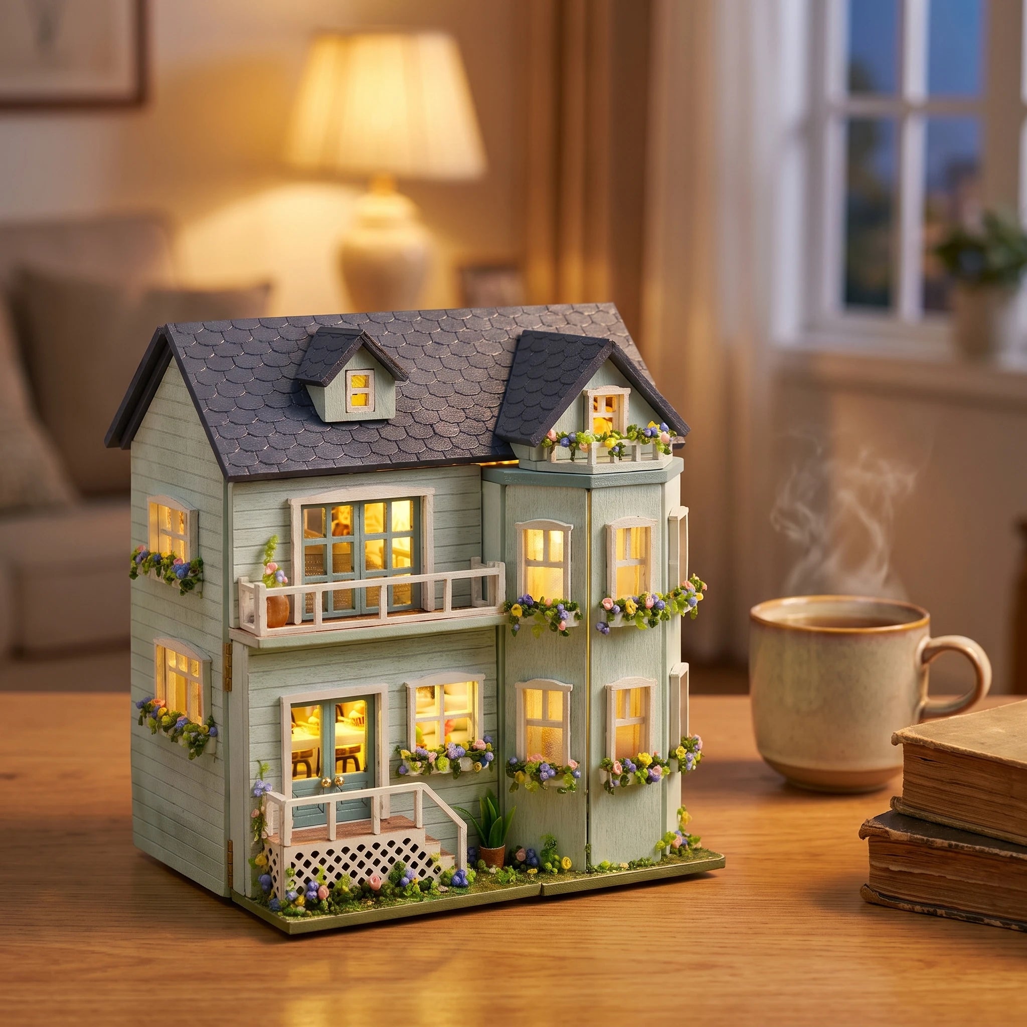 The Mint Gables on a desk at dusk beside a mug of tea