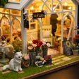 Detail of the flower buckets and white cat outside The Morning Greenhouse