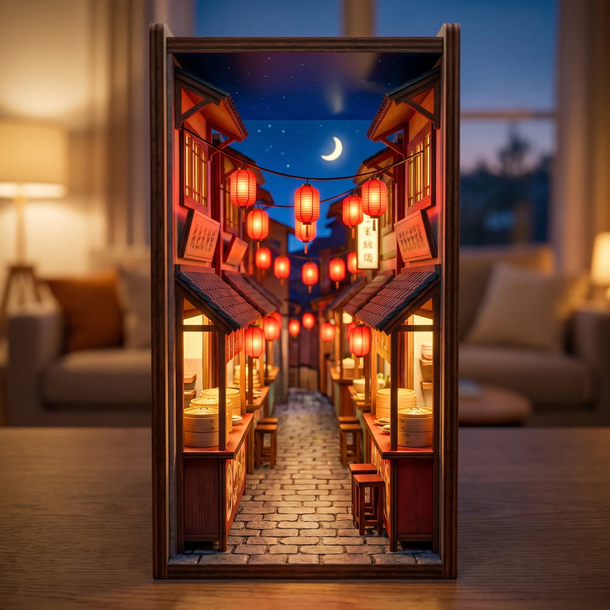 Interior view of The Night Market book nook alley glowing under the moon