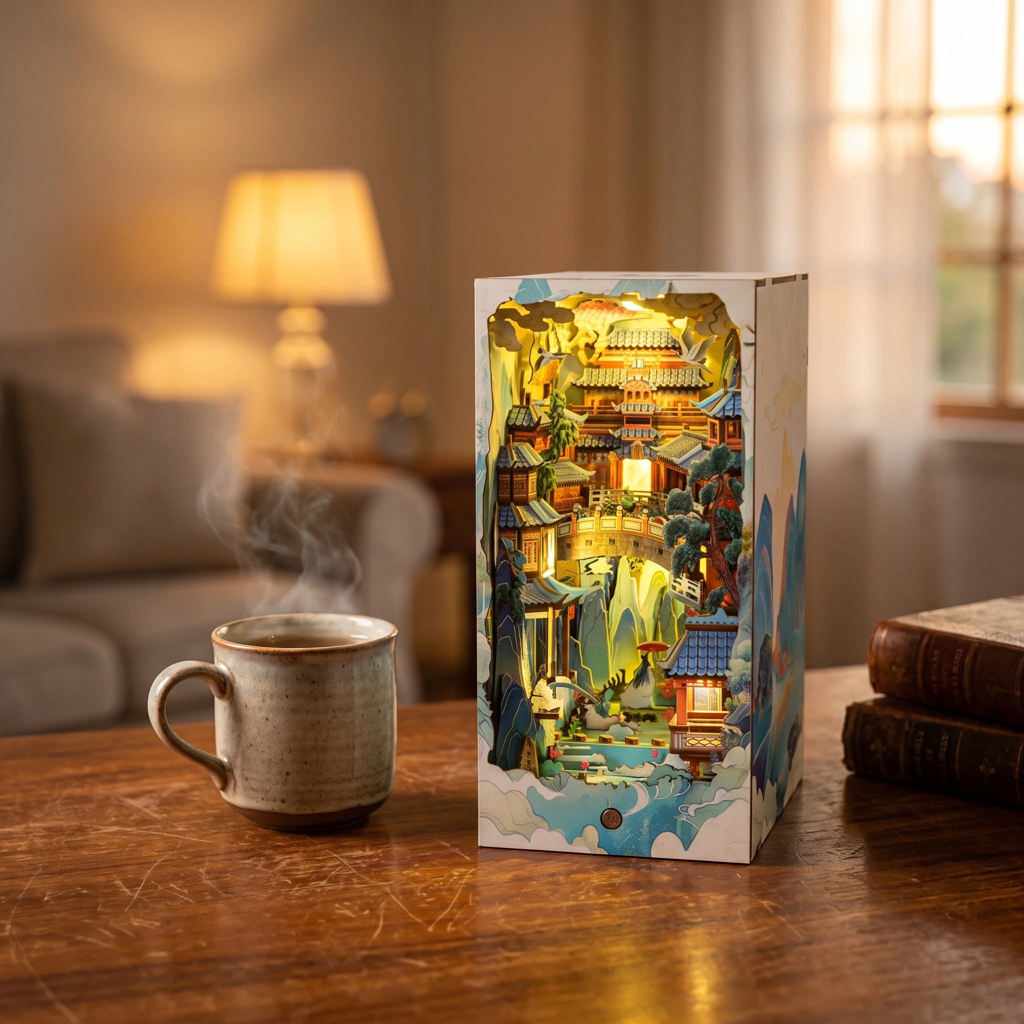 The Painted Peaks on a desk at dusk beside a mug of tea