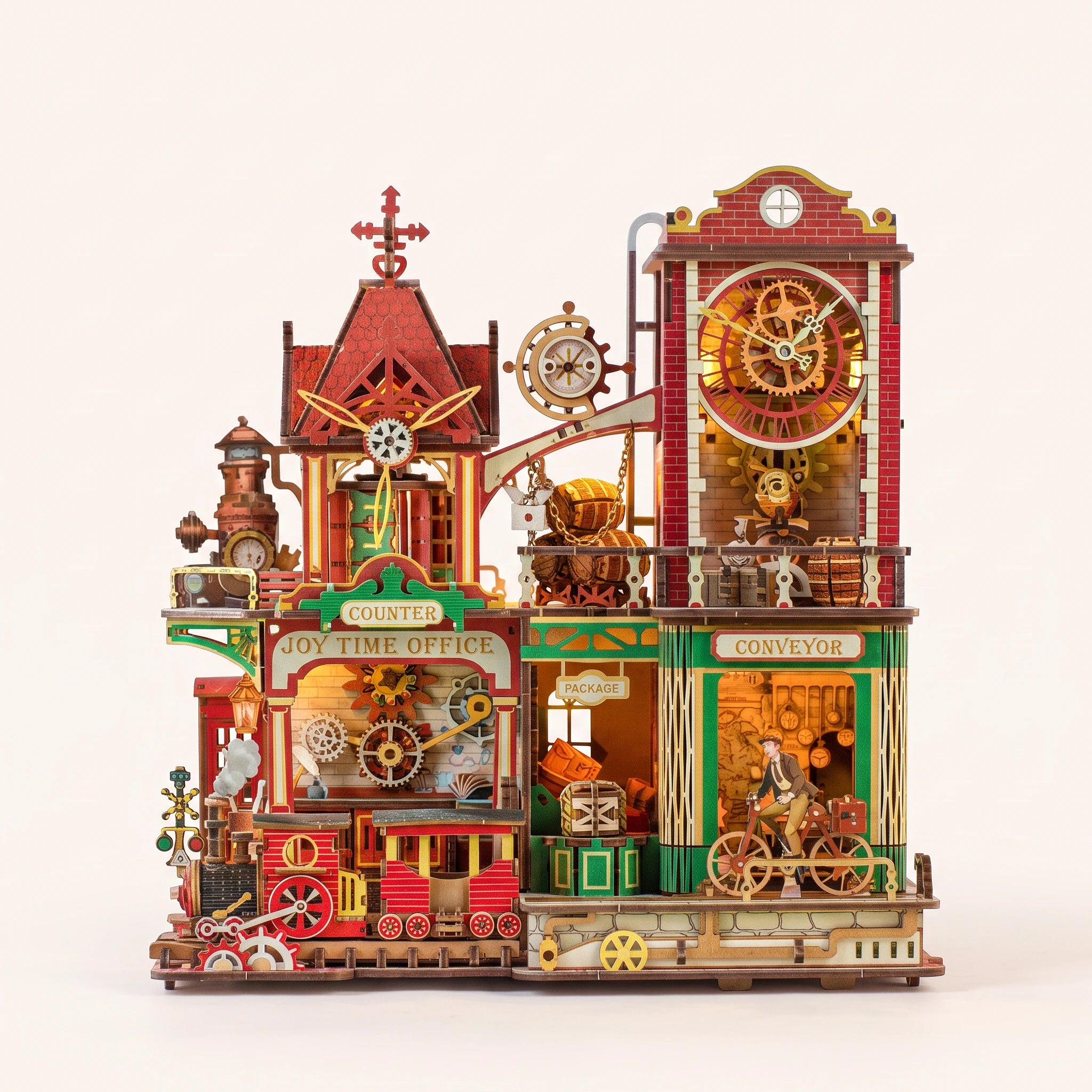 The Parcel Works DIY miniature steampunk parcel office kit, lights on, catalogue hero