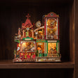 The Parcel Works glowing on a walnut shelf at night