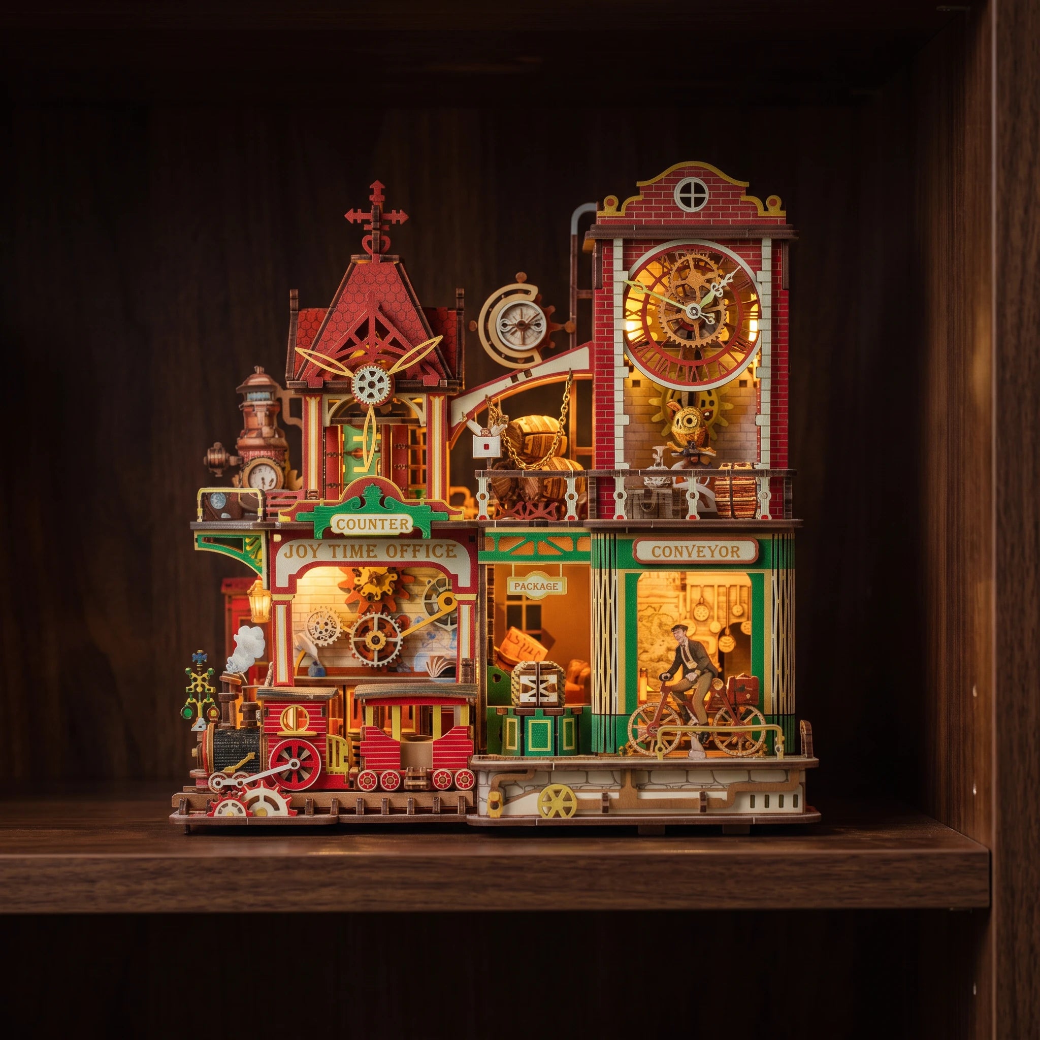 The Parcel Works glowing on a walnut shelf at night