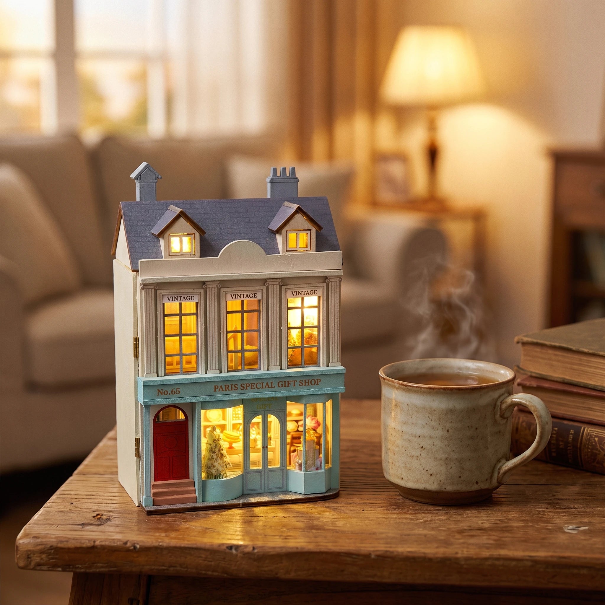 The Paris Boutique lit on a wooden desk beside a mug of tea