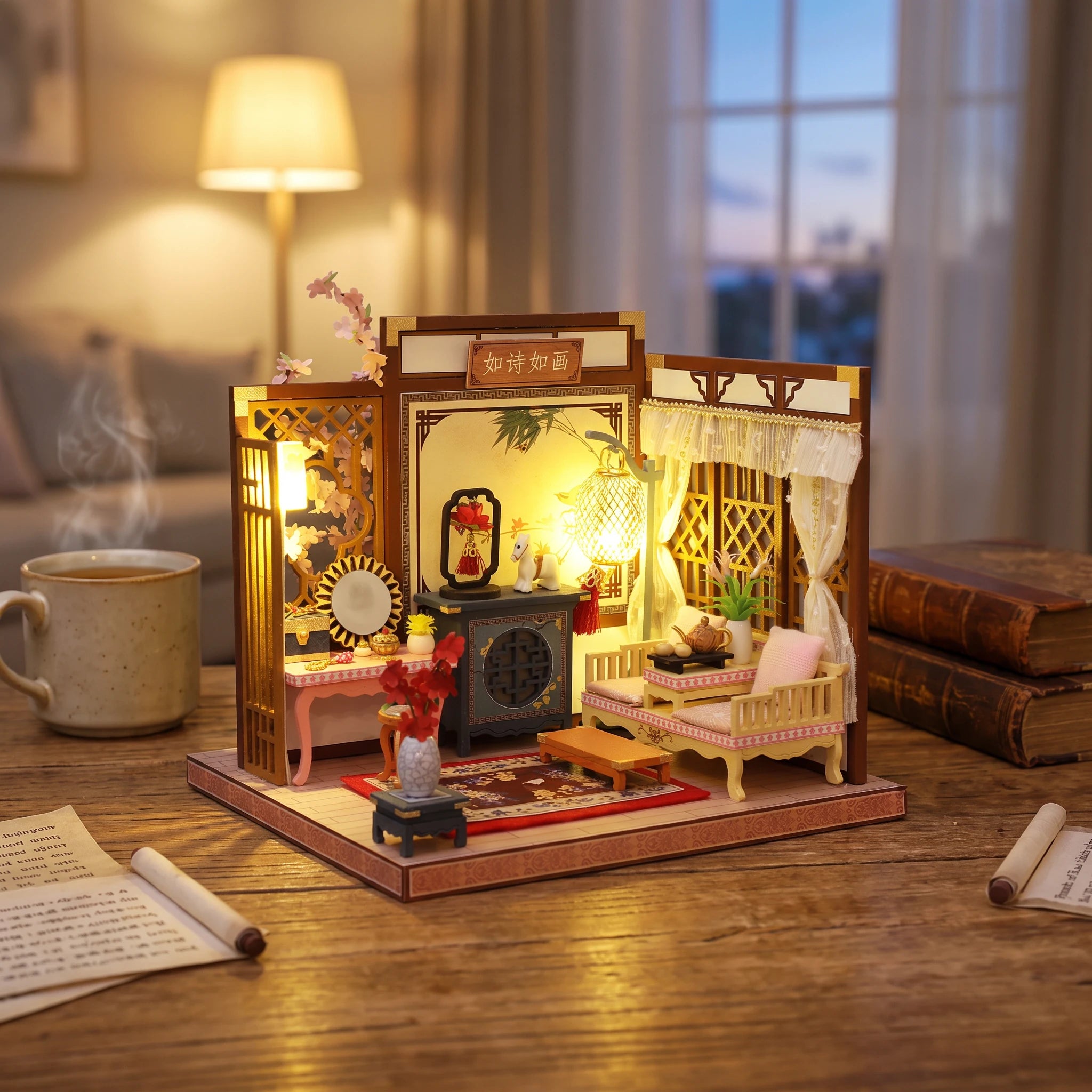 The Poet's Chamber on a desk at dusk beside a mug of tea