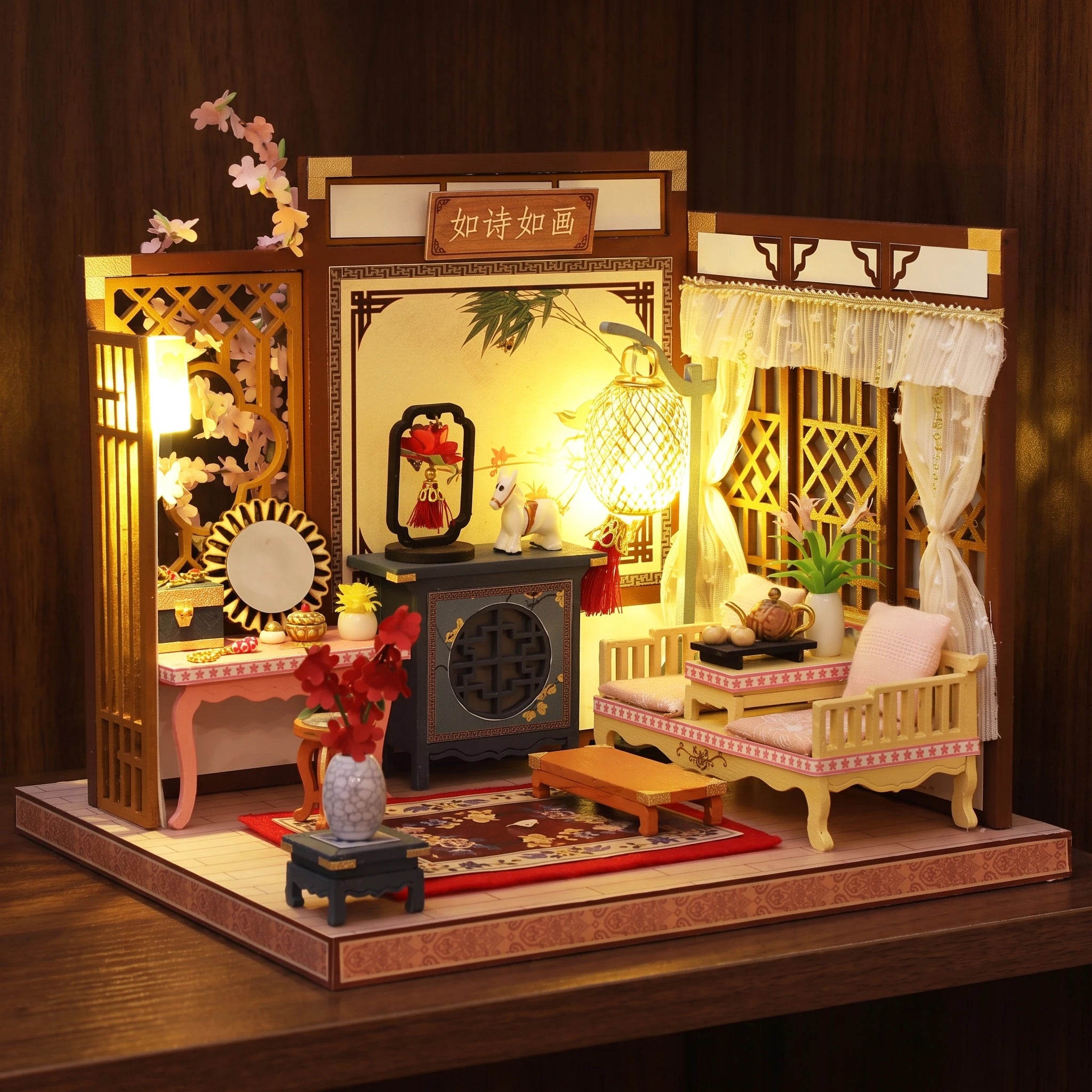 The Poet's Chamber glowing on a walnut shelf at night