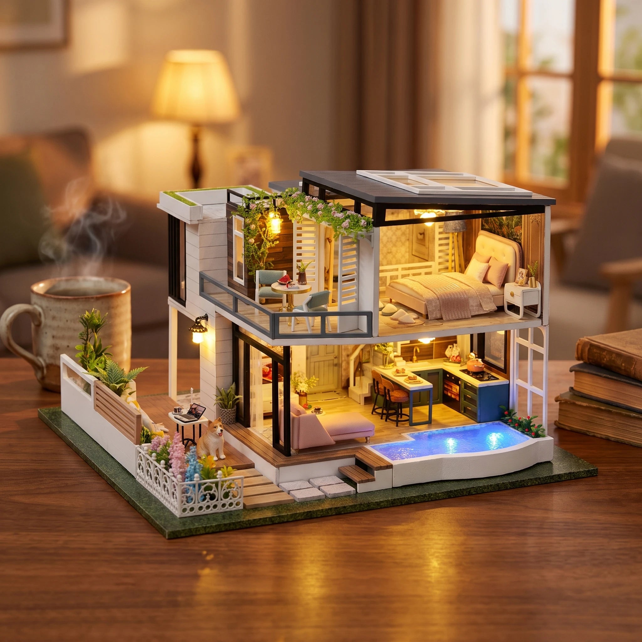 The Poolside Villa lit on a wooden desk beside a mug of tea