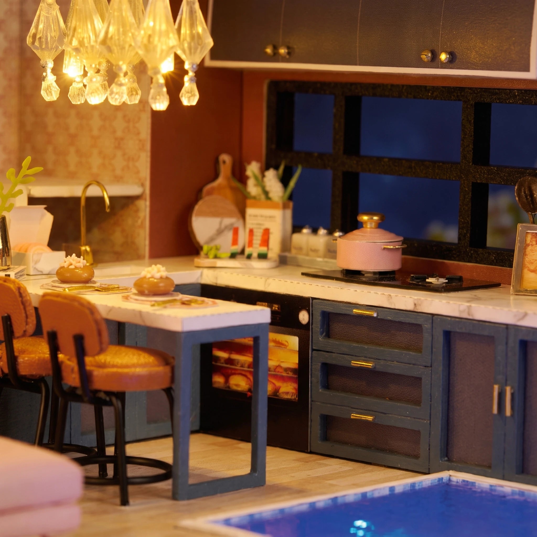 Macro of the navy kitchen island with bar stools