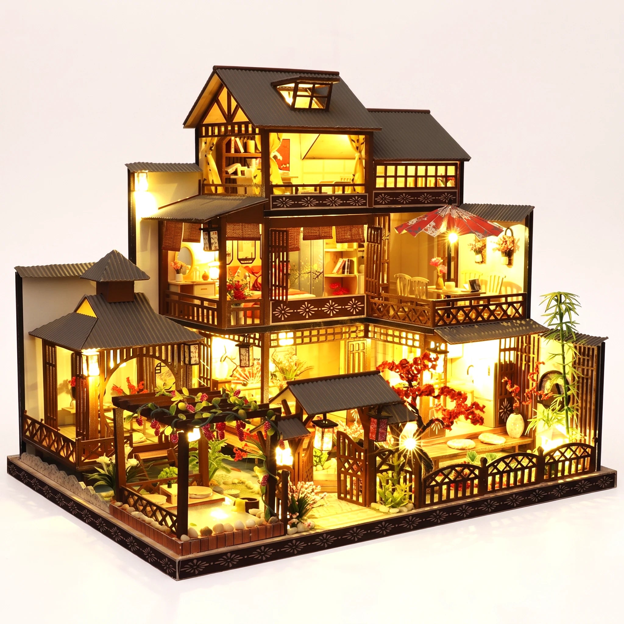 The Red Parasol DIY miniature kit fully built with LED lights on
