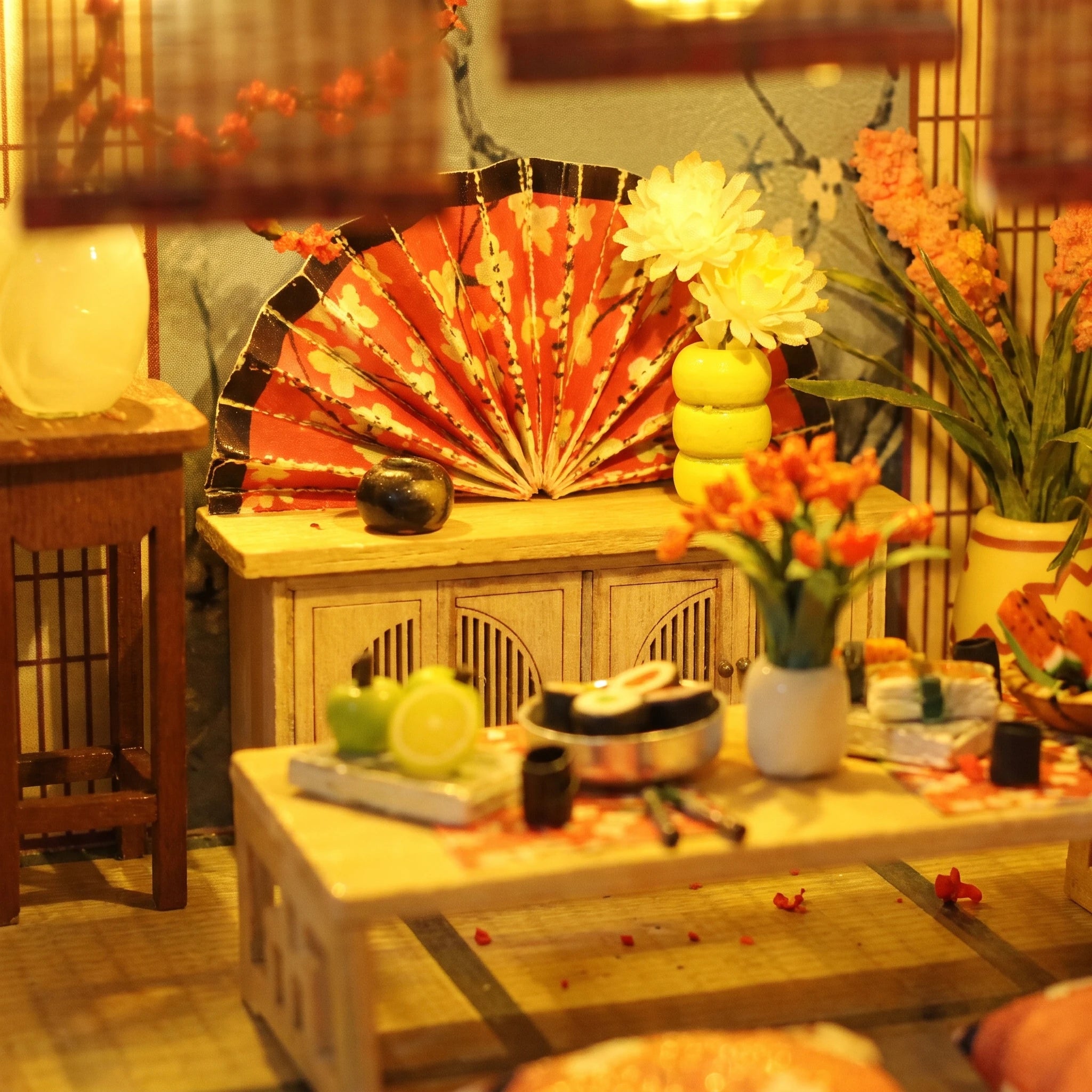 Close-up of the fan alcove with tea things in The Red Parasol